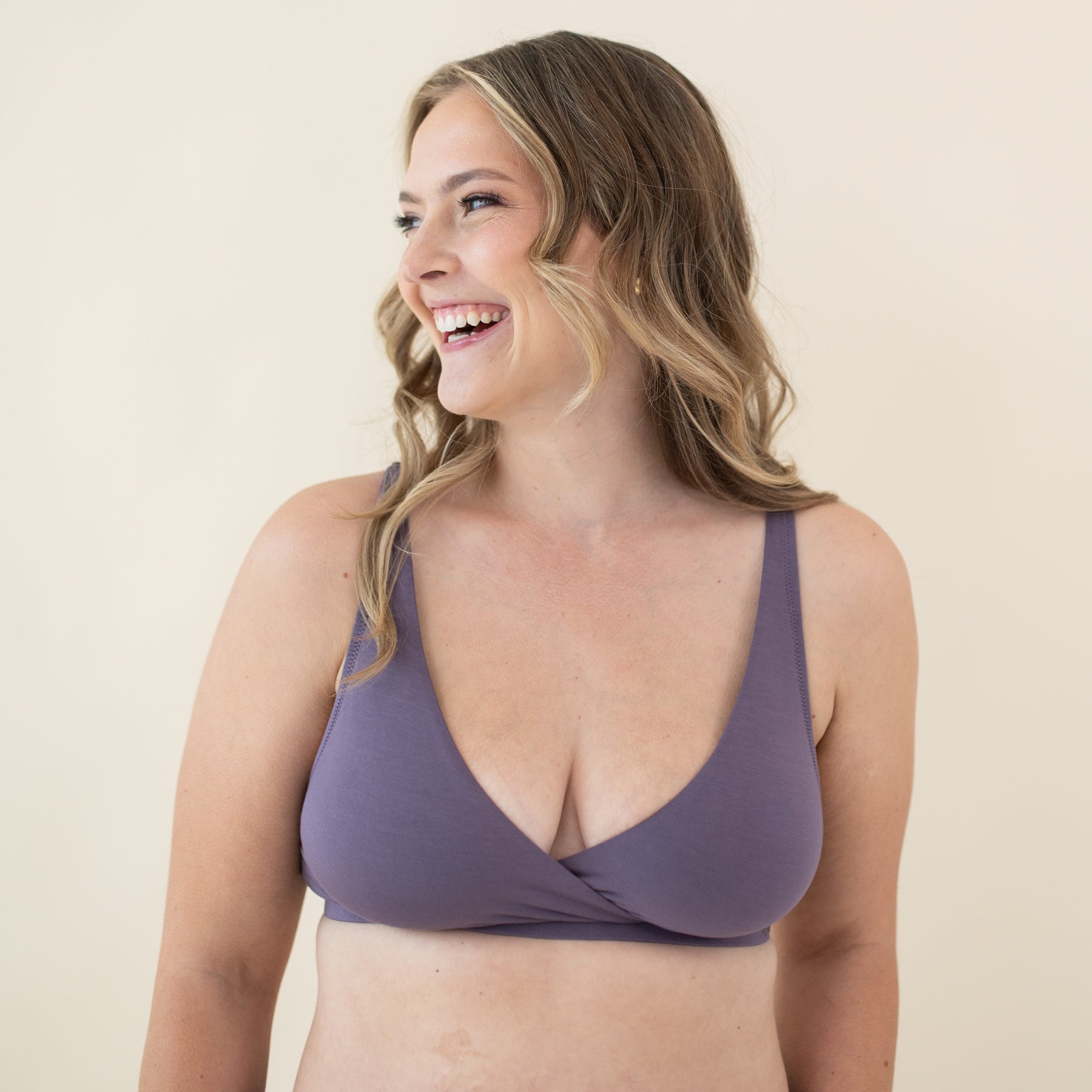 Woman modeling Women's Cross Front Bralette in Currant