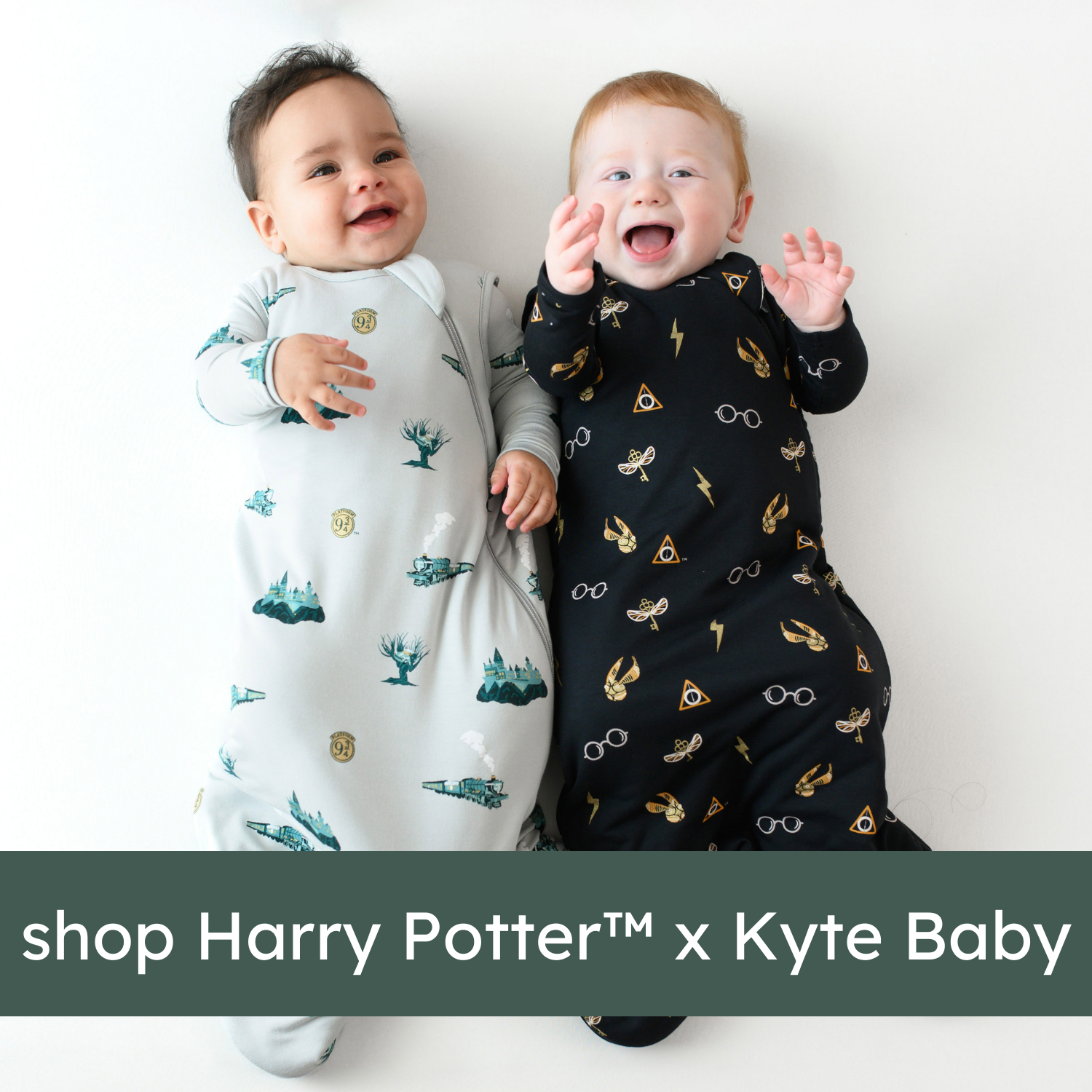 Shop Harry Potter x Kyte Baby graphic featuring babies in Journey and Midnight Icon sleep bags