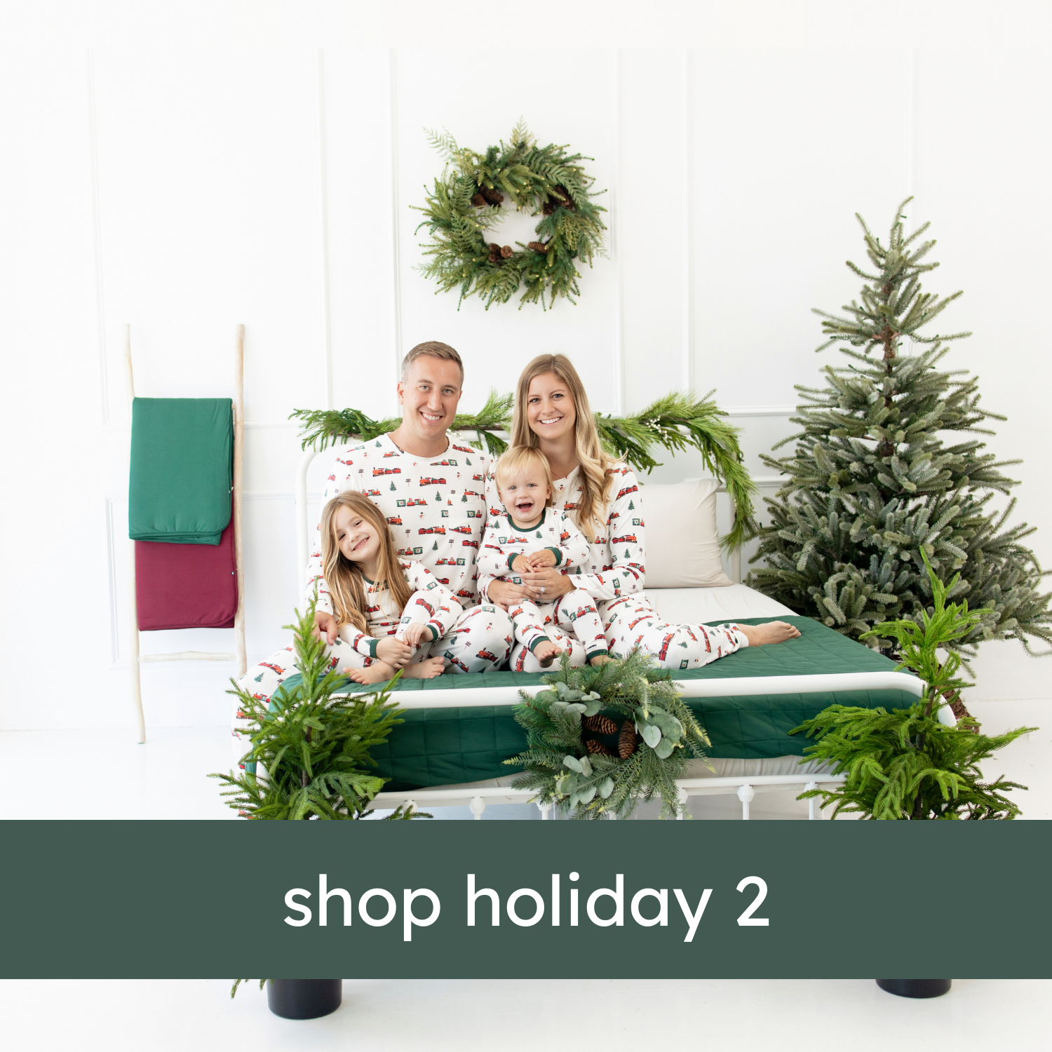 shop holiday 2 graphic featuring family wearing holiday train pajamas 