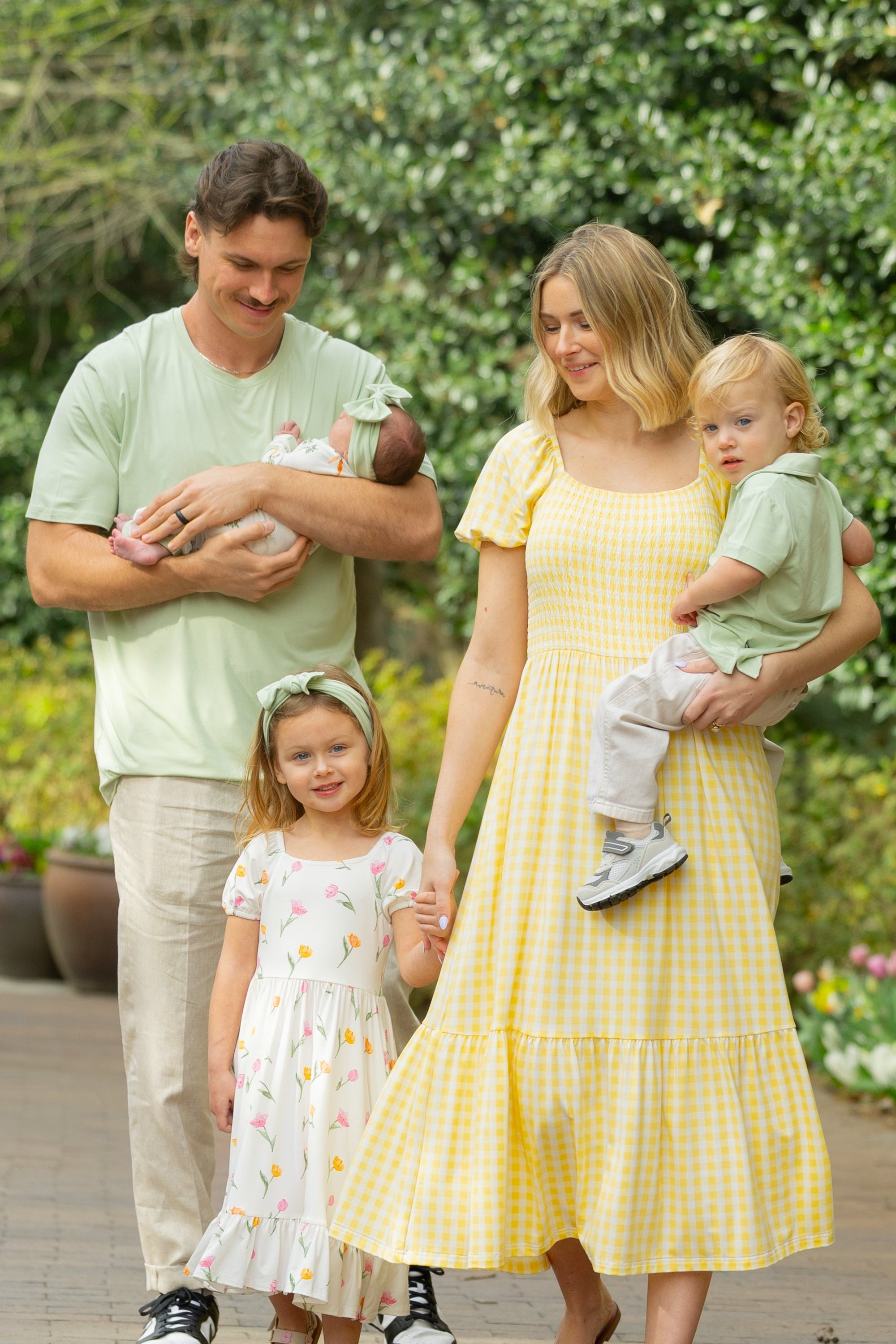 Family of five wearing pieces from spring and easter collection