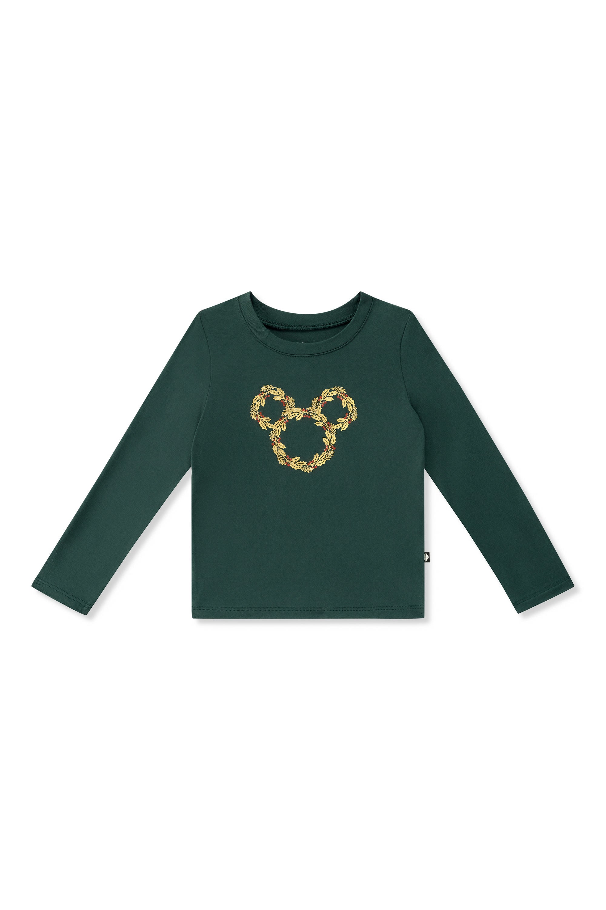Long Sleeve Toddler Crew Neck Tee in Mickey Christmas Wreath on Cypress color on a white background