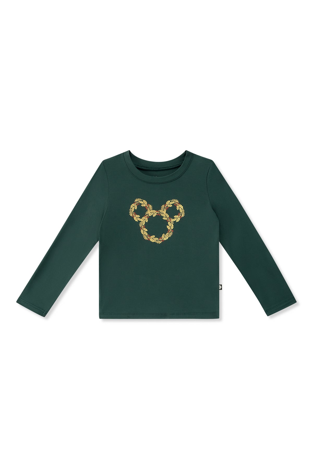 Long Sleeve Toddler Crew Neck Tee in Mickey Christmas Wreath on Cypress color on a white background