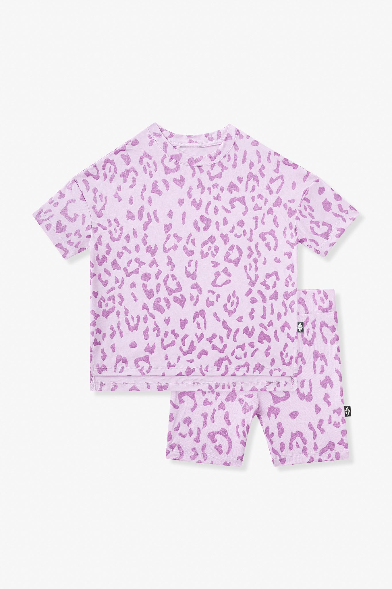 Toddler Biker Short Set in Thistle Leopard print on white background