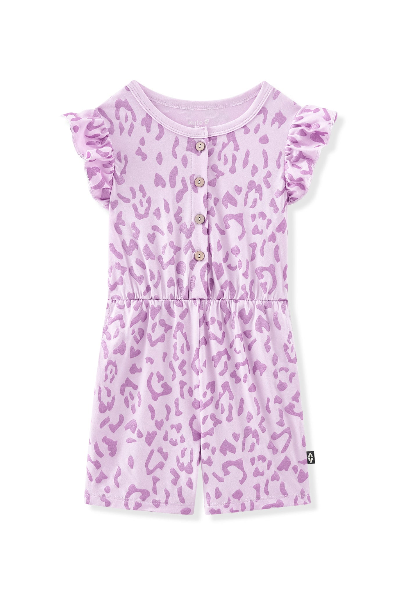 Flutter Sleeve Romper in Thistle Leopard print on white background