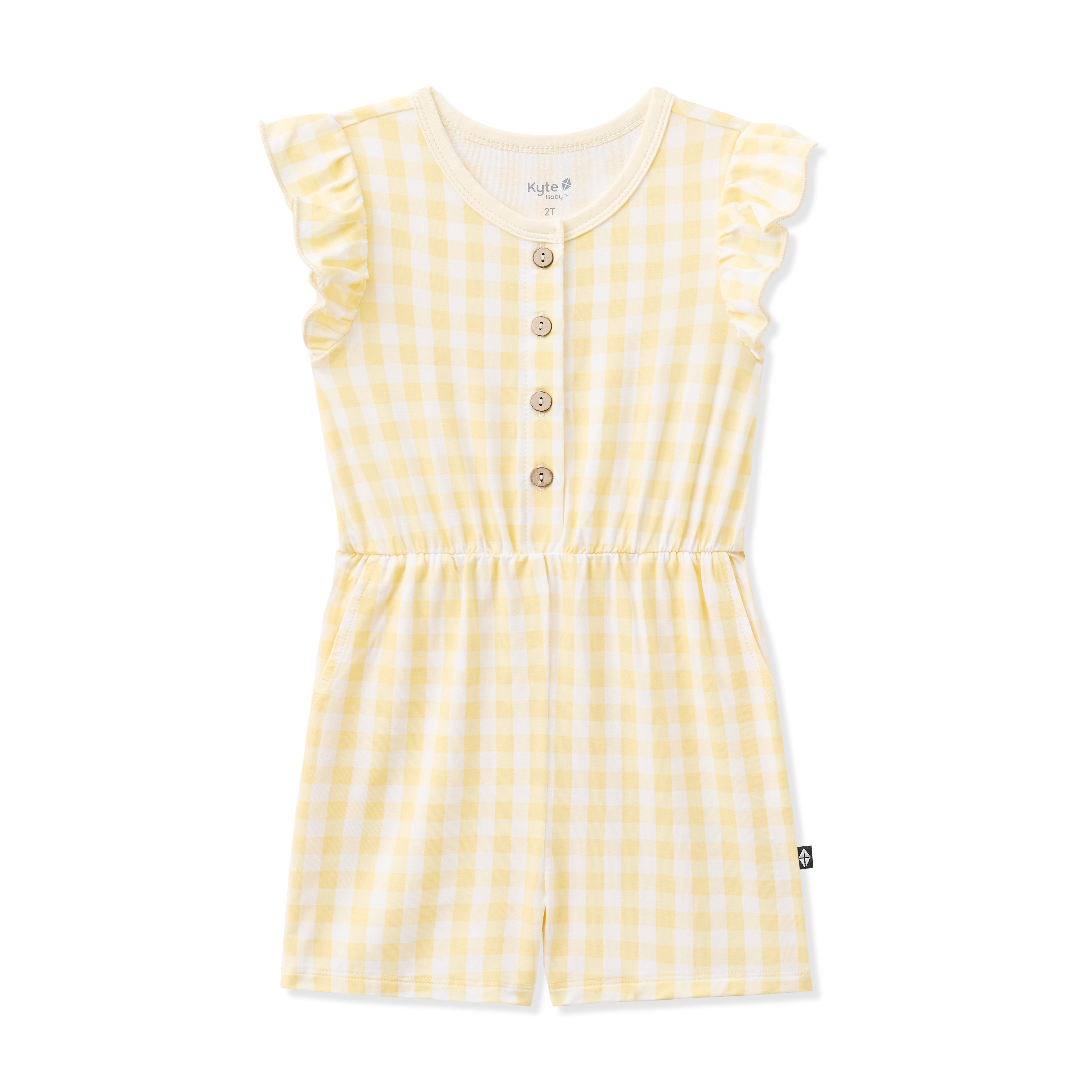 Product photo of the Flutter Sleeve Romper in Gingham Chamomile