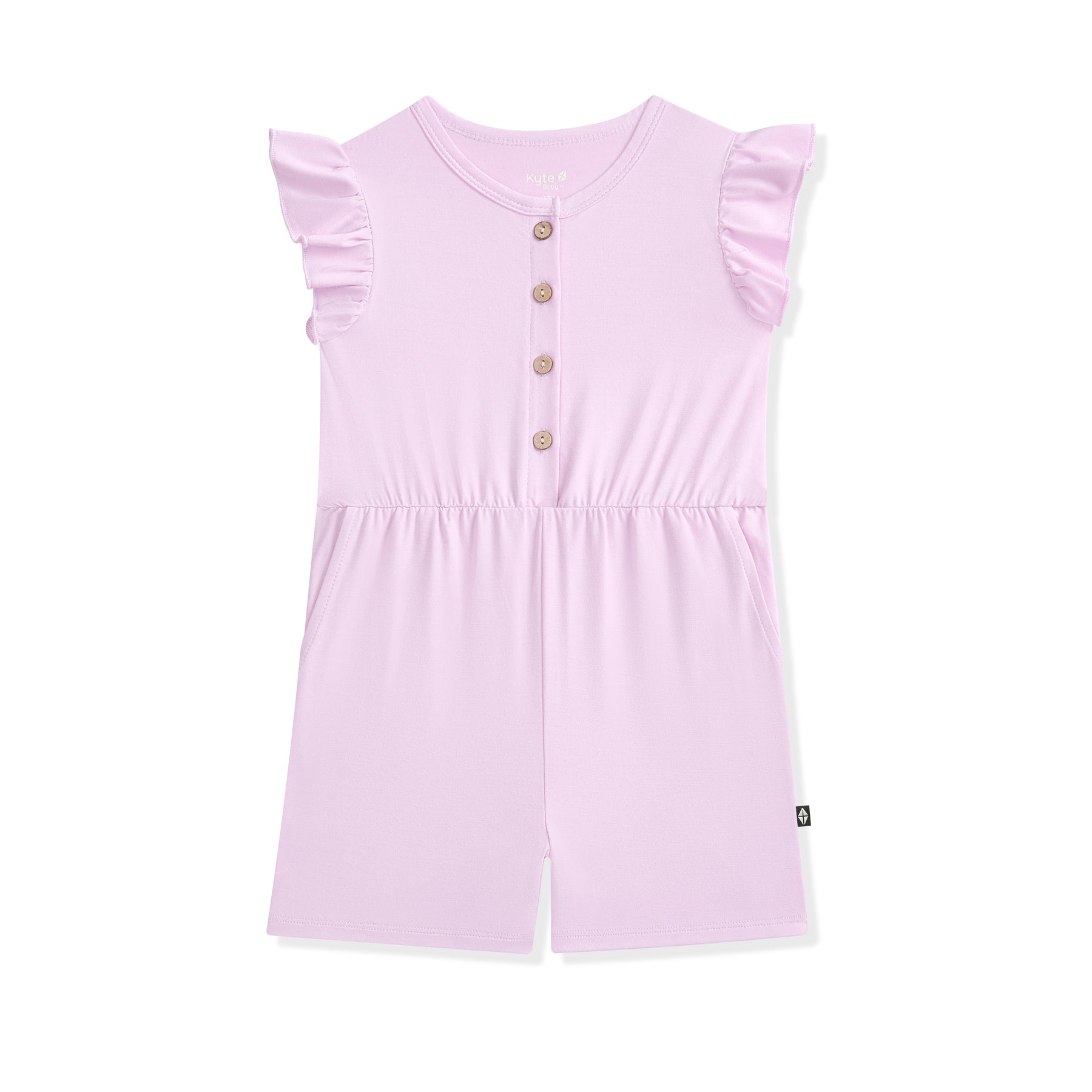 Light purple romper with ruffled sleeves on a white background