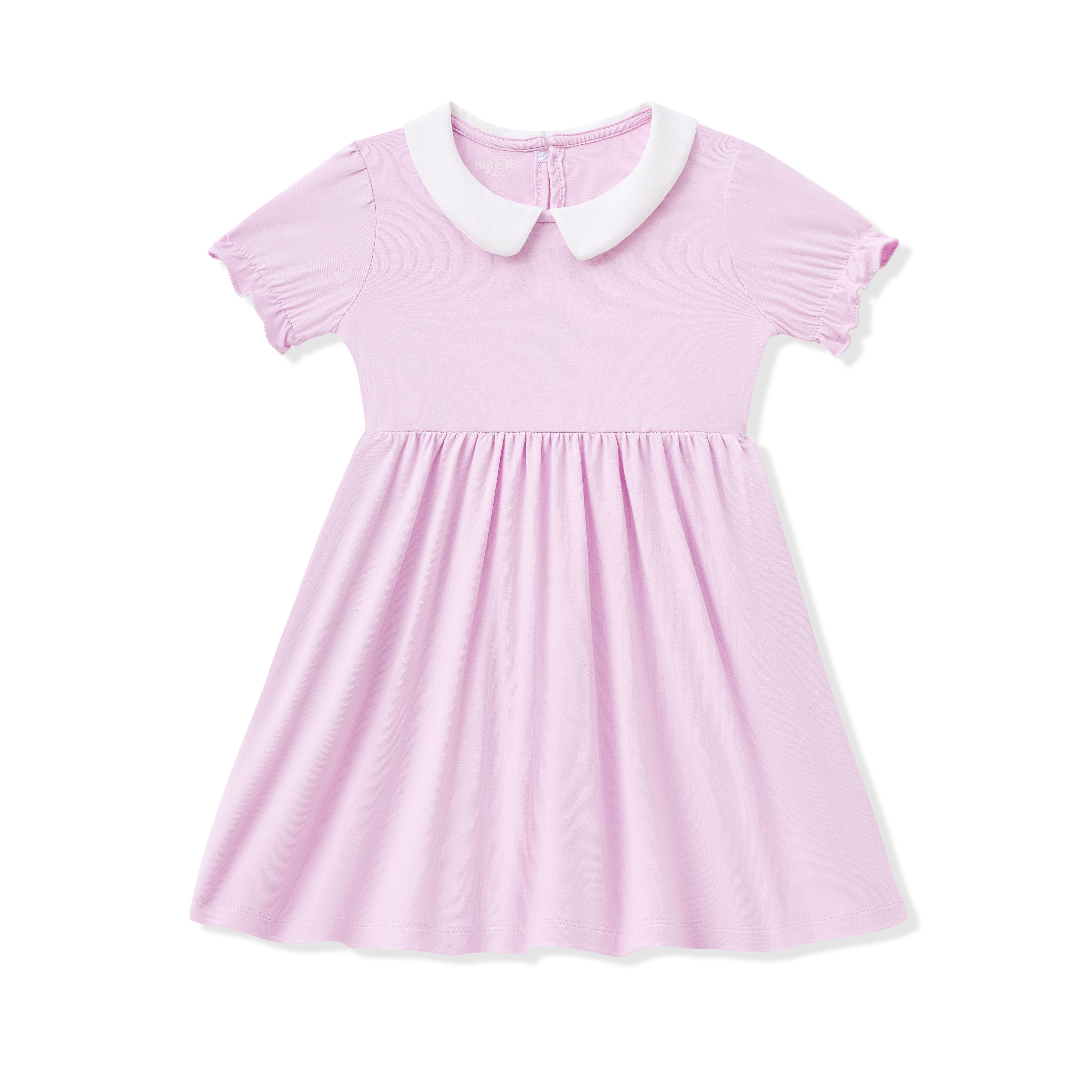 Purple dress with white collar on a white background