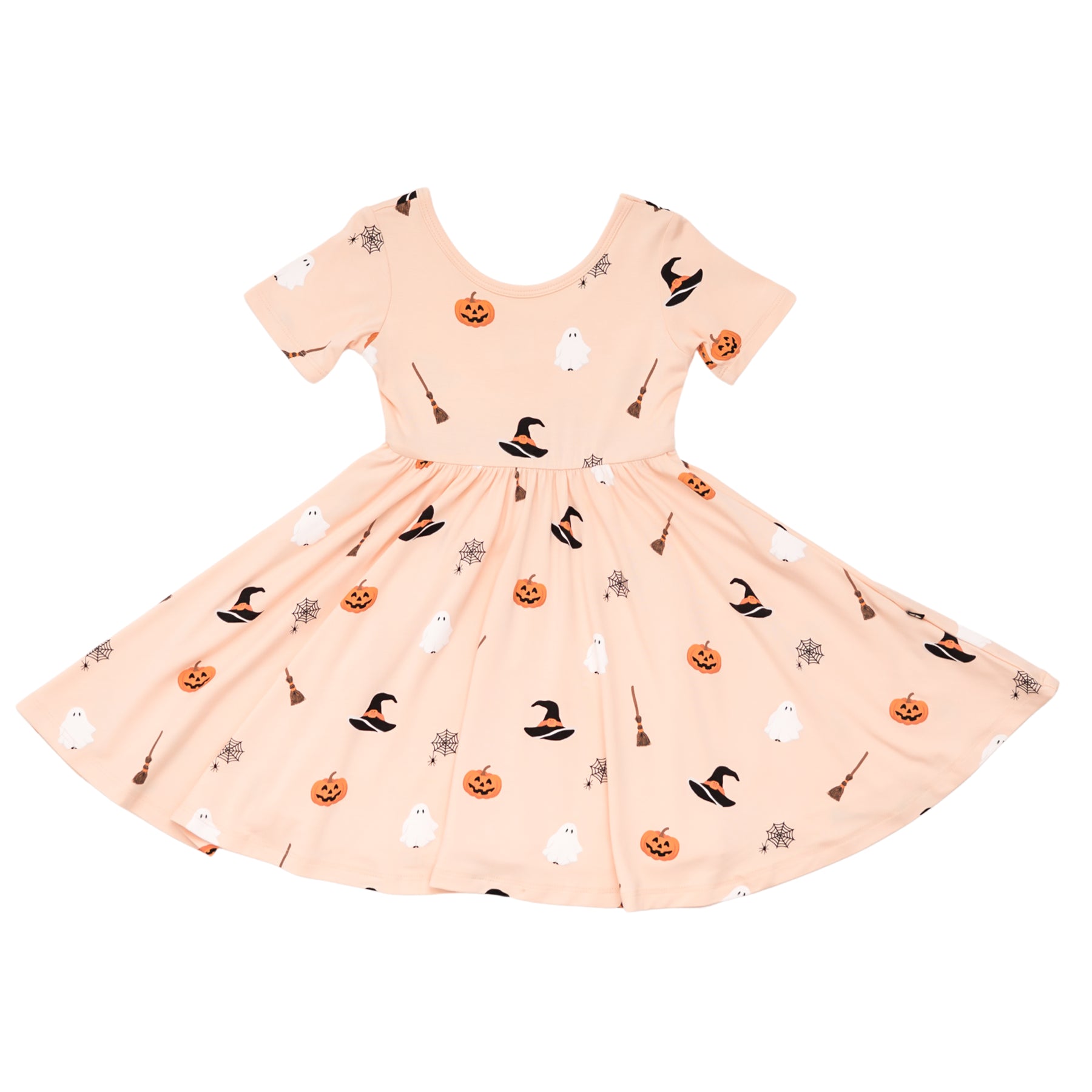 Light orange Kyte Baby twirl dress with Halloween-themed patterns on a white background