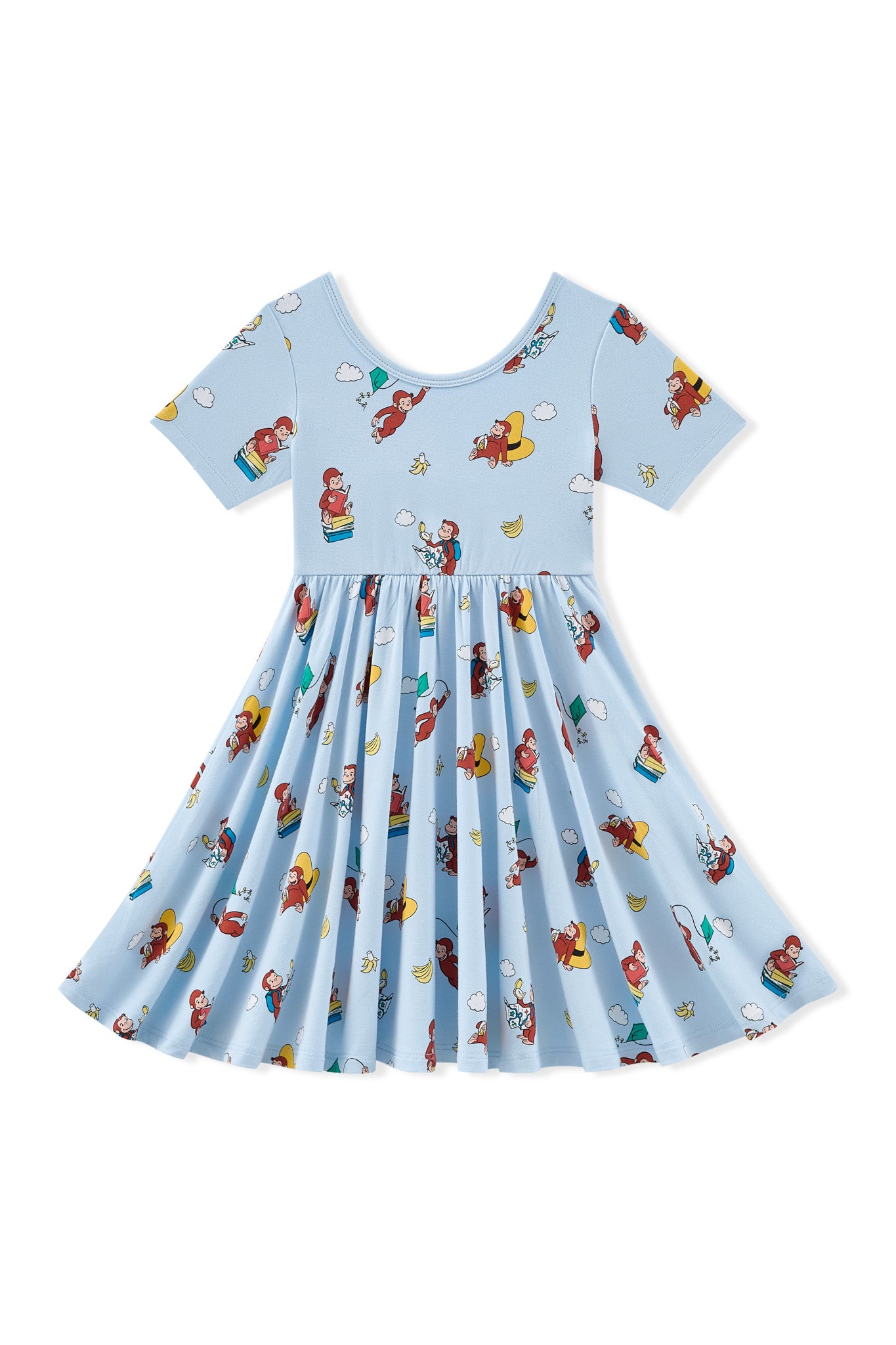 Blue Twirl Dress in Curious George print on a white background