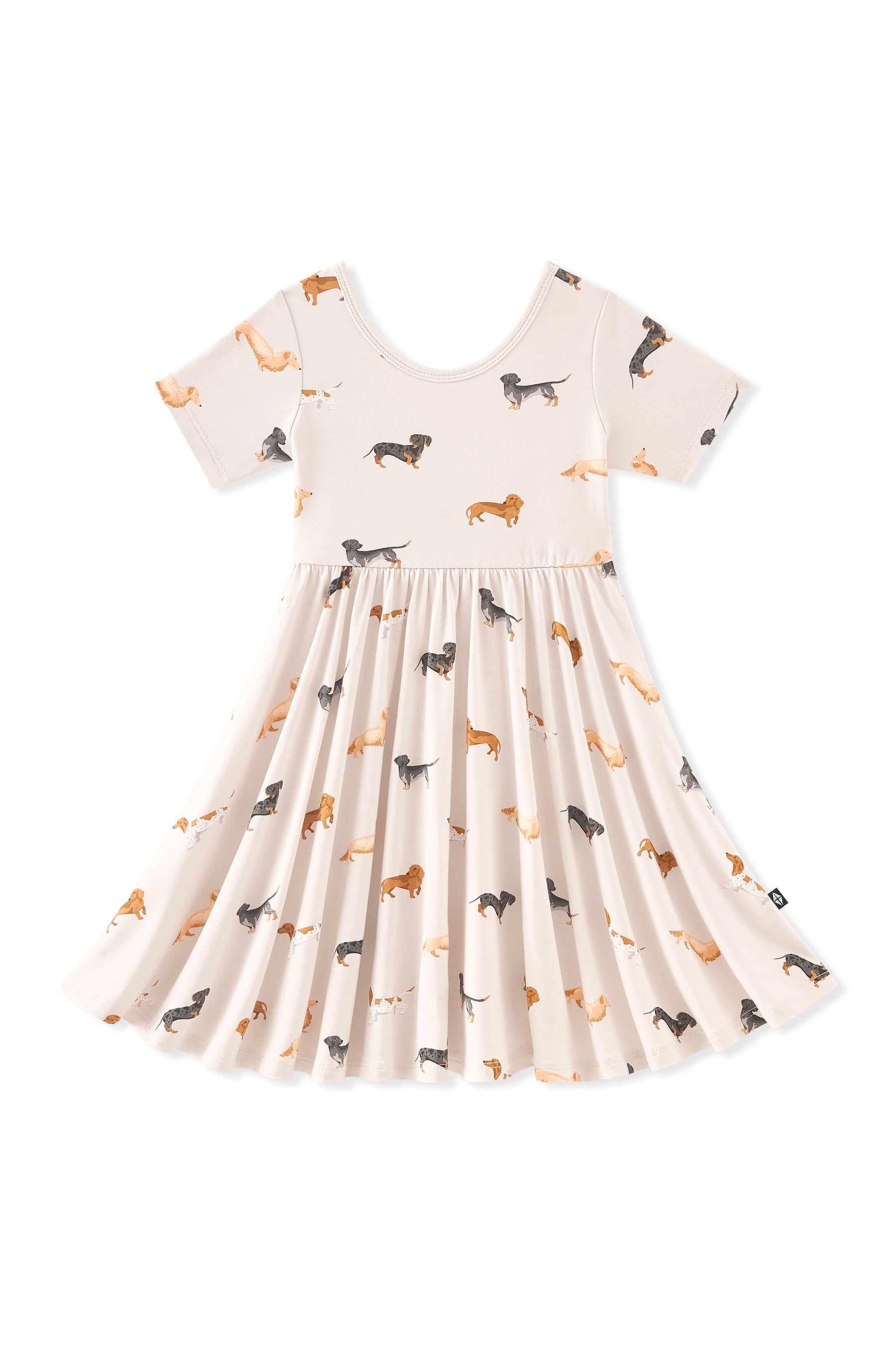 Beige Twirl Dress in Dachshund print on a white background