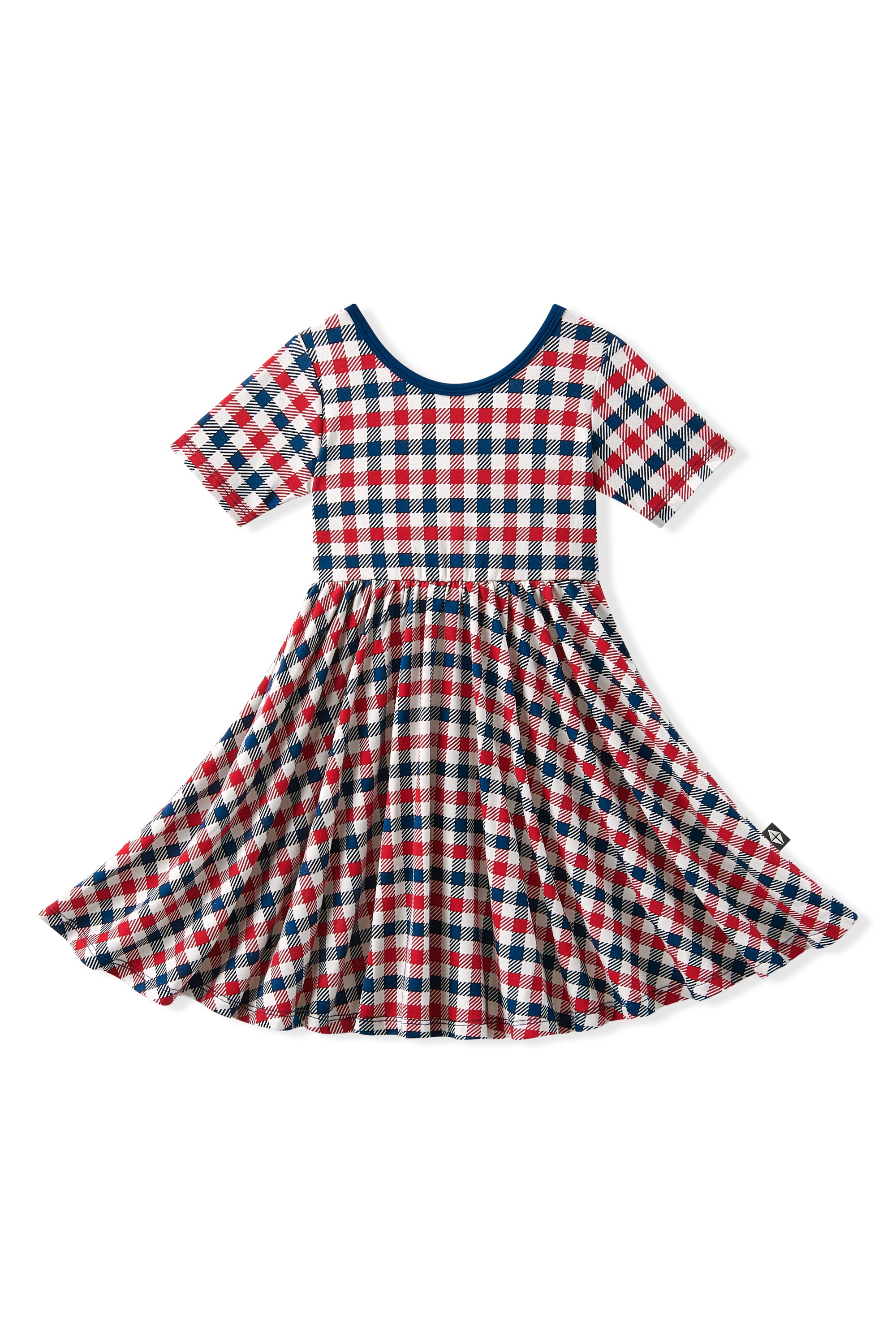 Twirl Dress in Red blue and white Patriotic Gingham check print on a white background