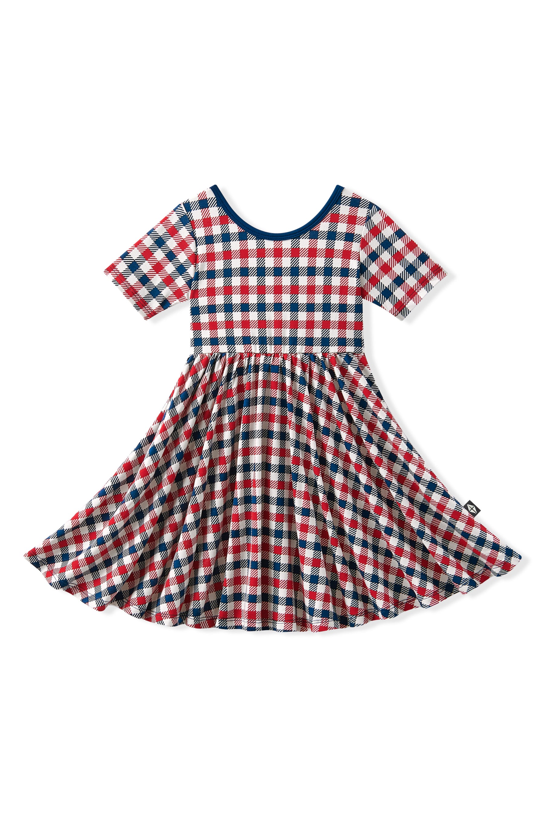 Twirl Dress in Red blue and white Patriotic Gingham check print on a white background