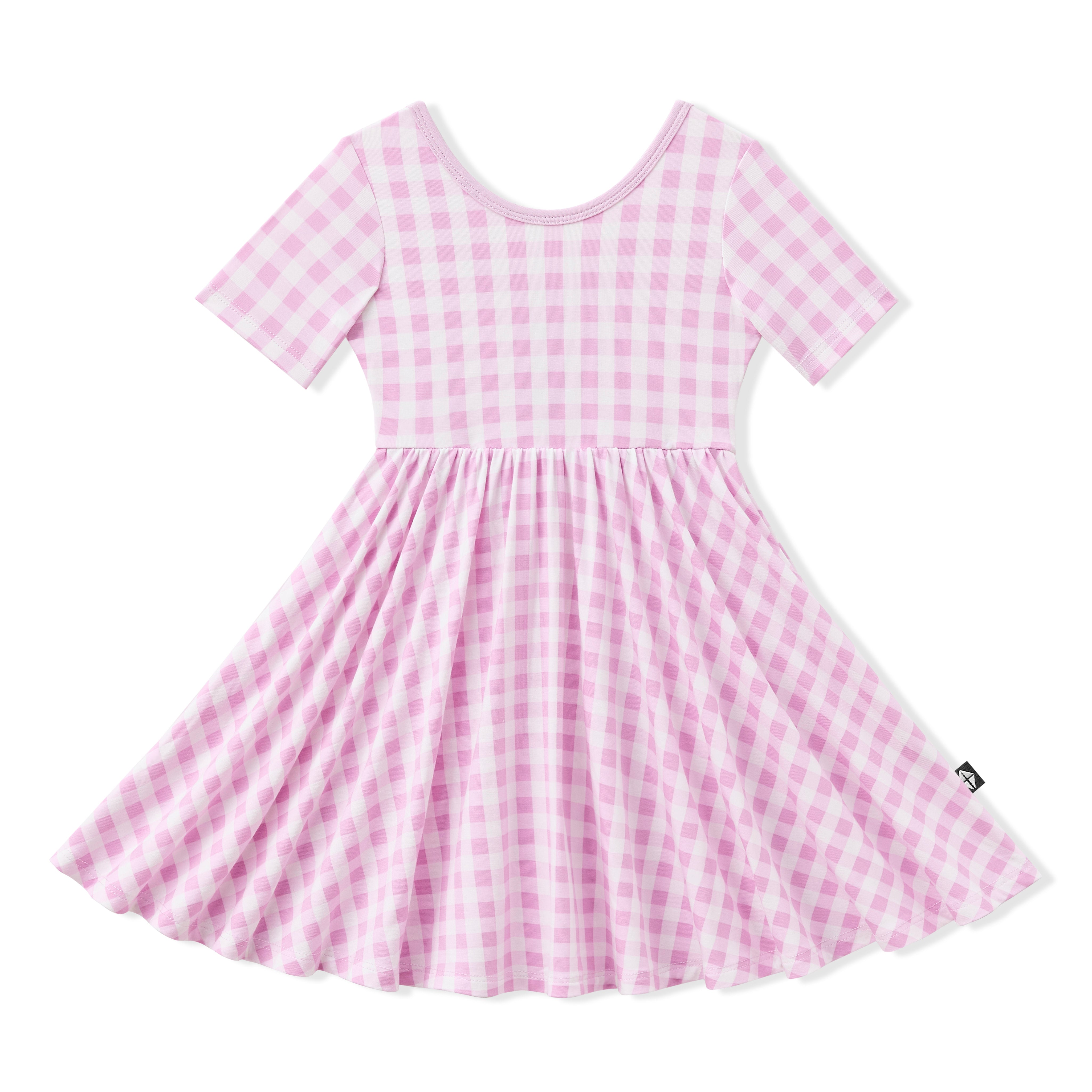 Product photo of the Twirl Dress in Gingham Thistle on a white background