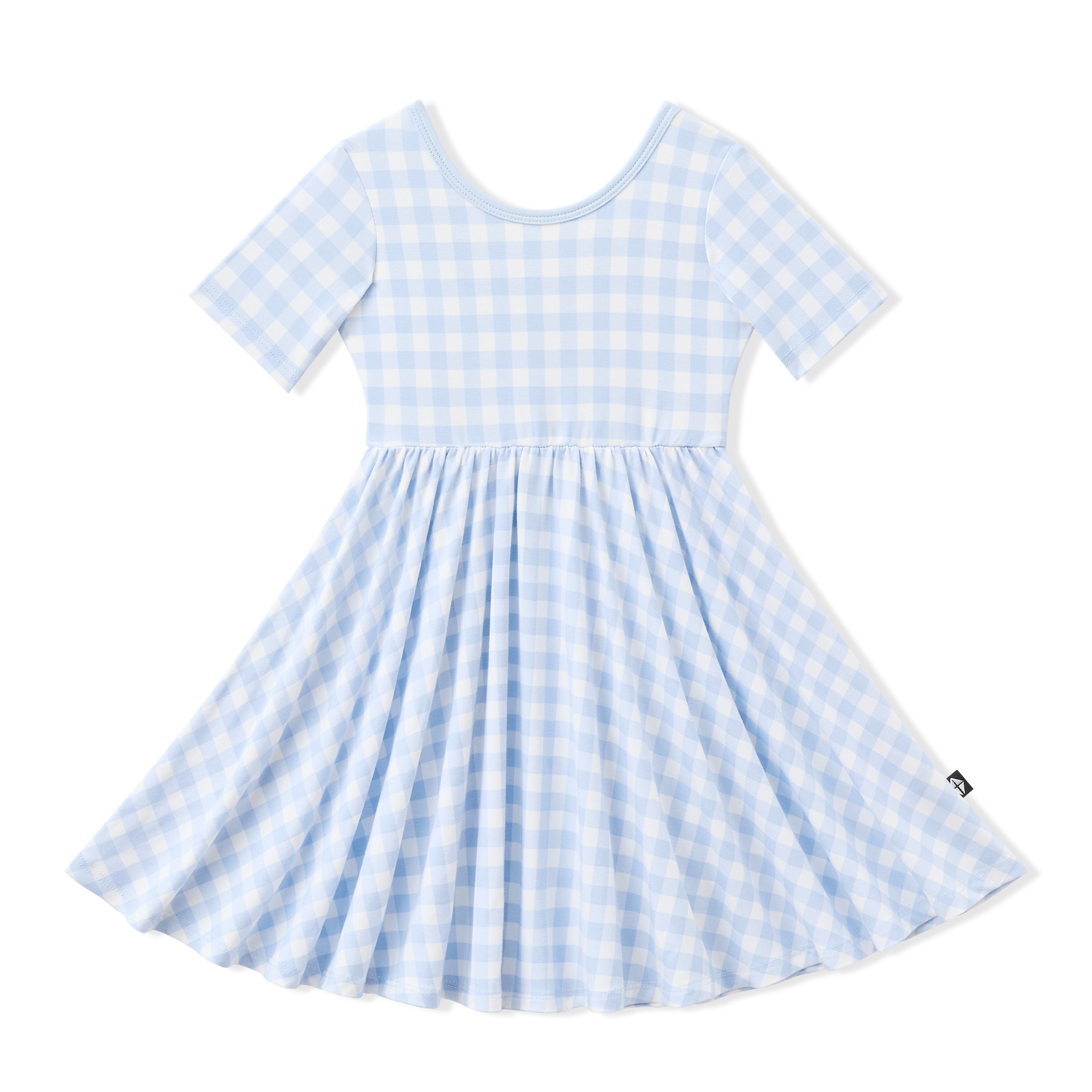 Product photo of the Twirl Dress in Gingham Breeze on a white background