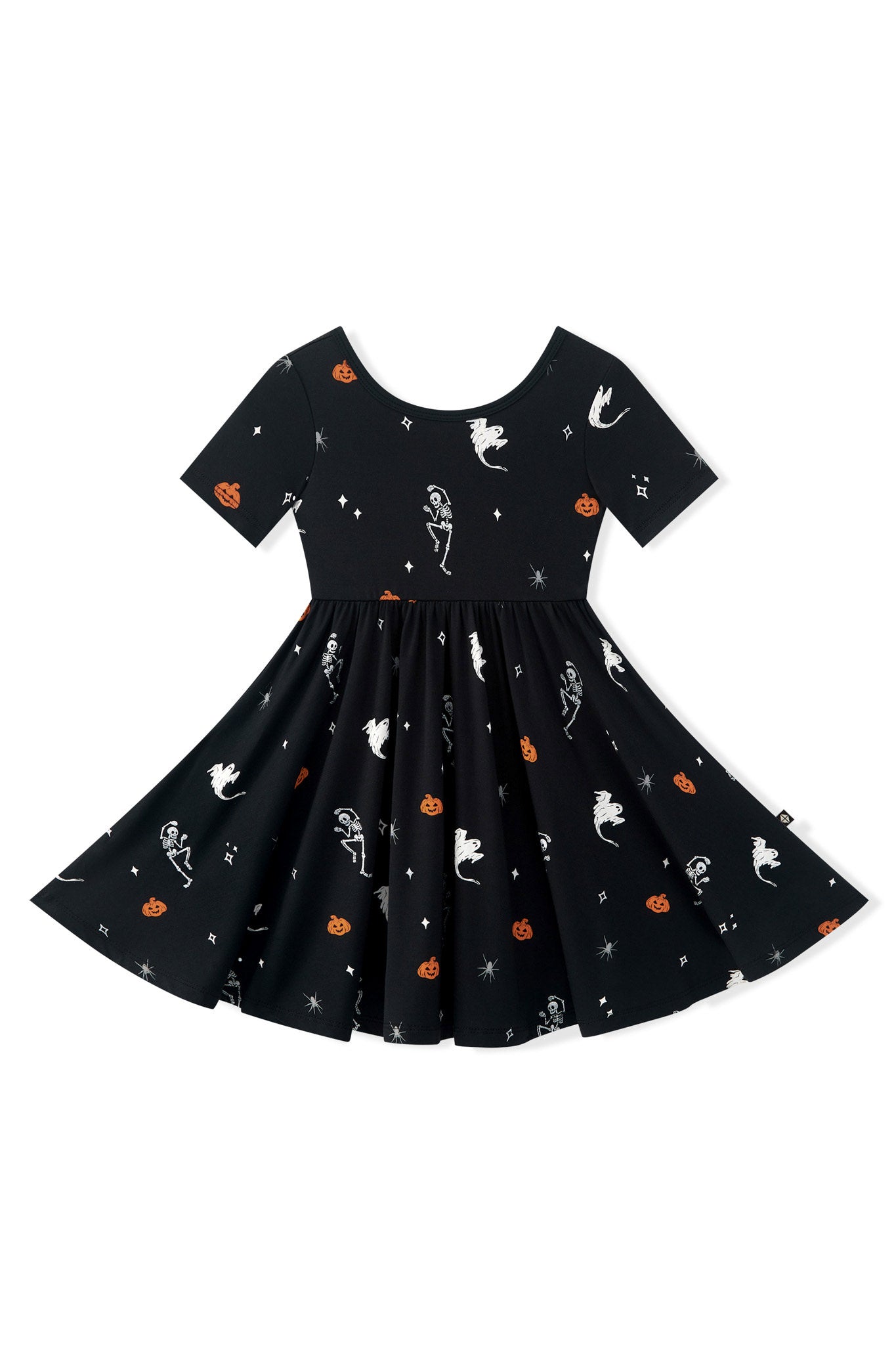 Black Twirl Dress in Halloween Friends print on a white background