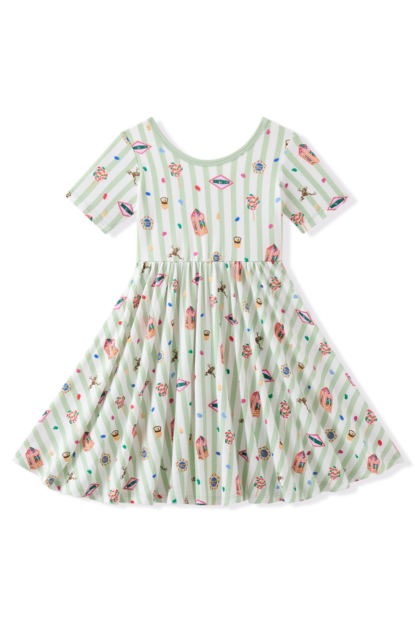 Green and white striped twirl dress with colorful Harry Potter patterns on a white background