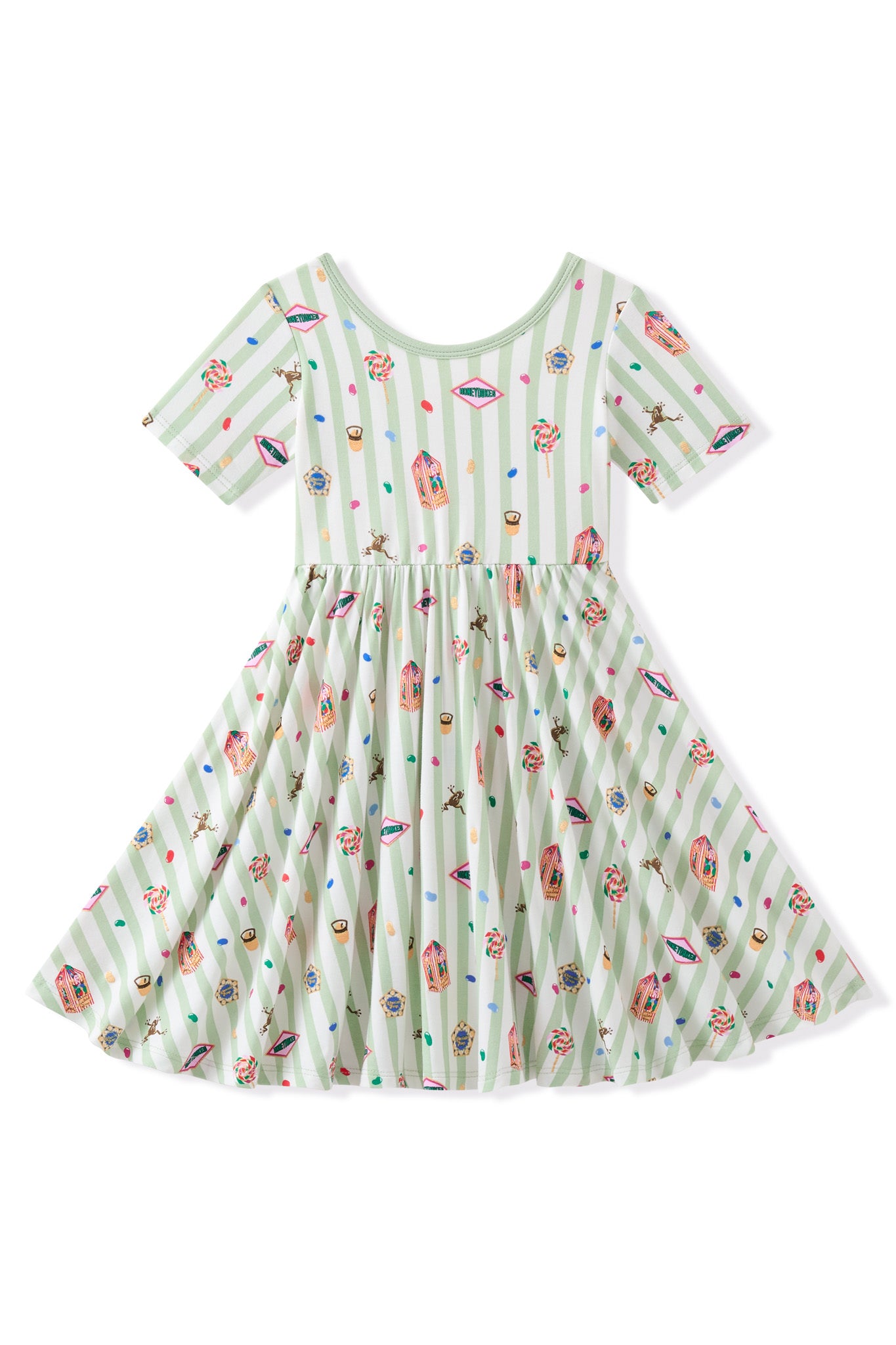 Green and white striped twirl dress with colorful Harry Potter patterns on a white background