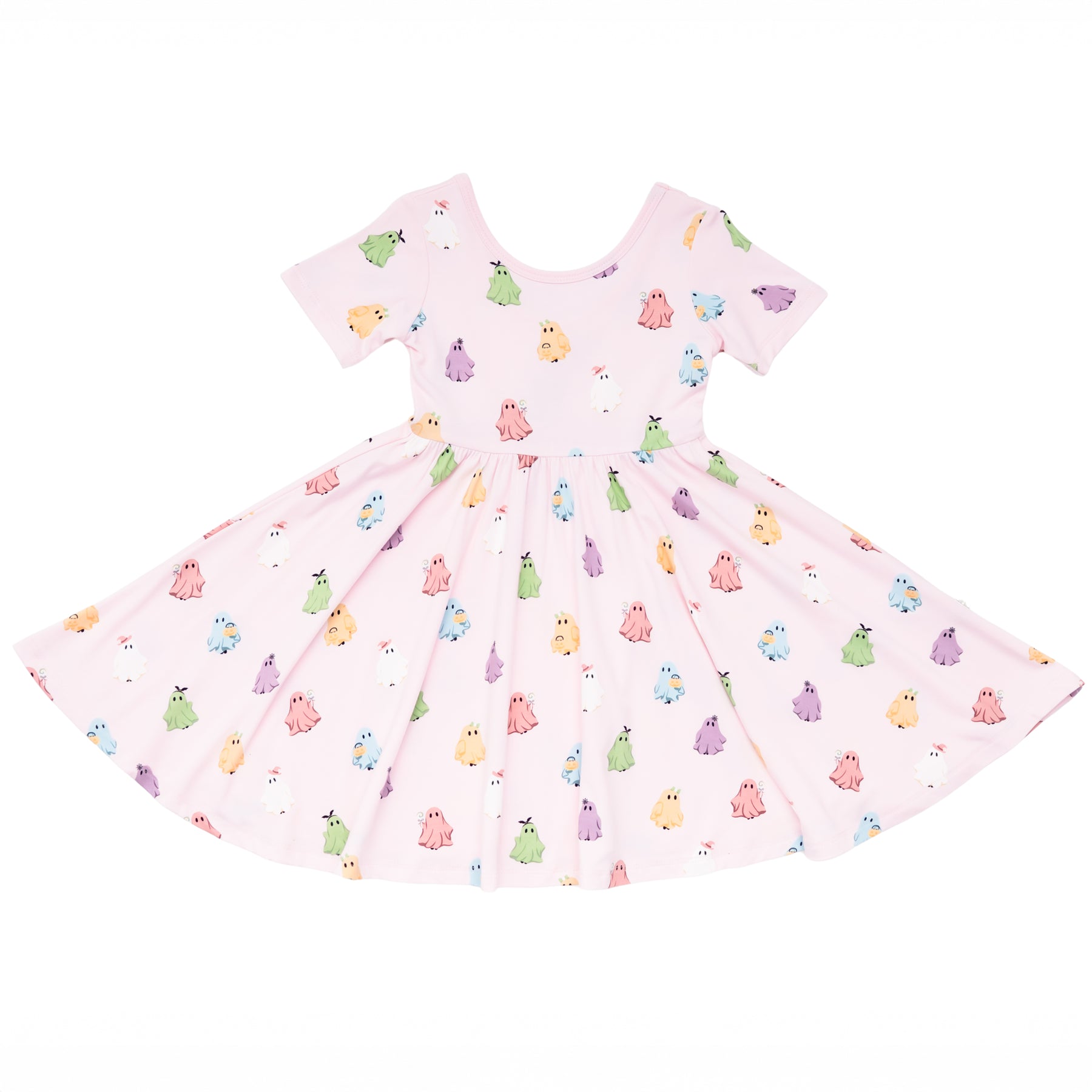 Pink Kyte Baby twirl dress with colorful ghost pattern on a white background