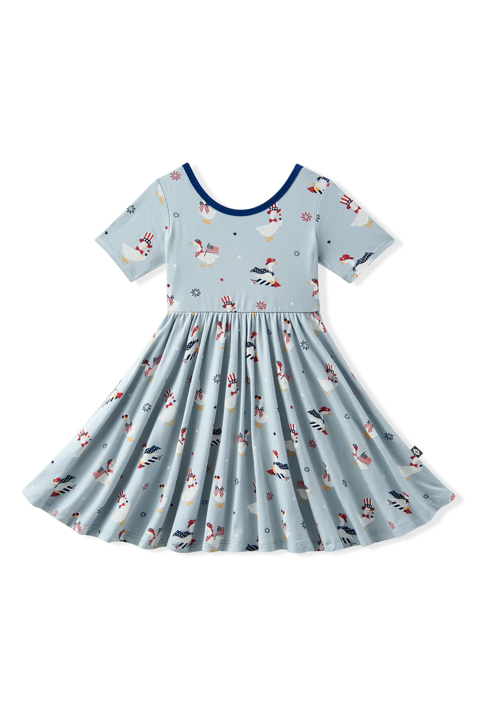 Light blue Twirl Dress in Patriotic Goose print on a white background