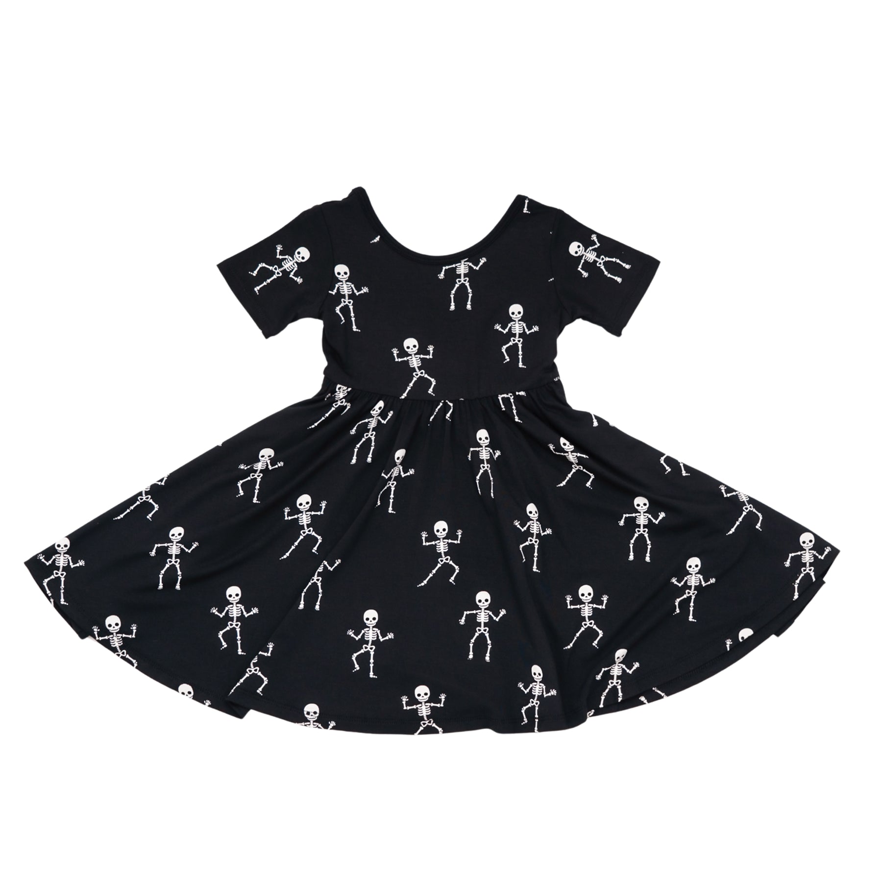 Black Kyte Baby twirl dress with skeleton patterns on a white background