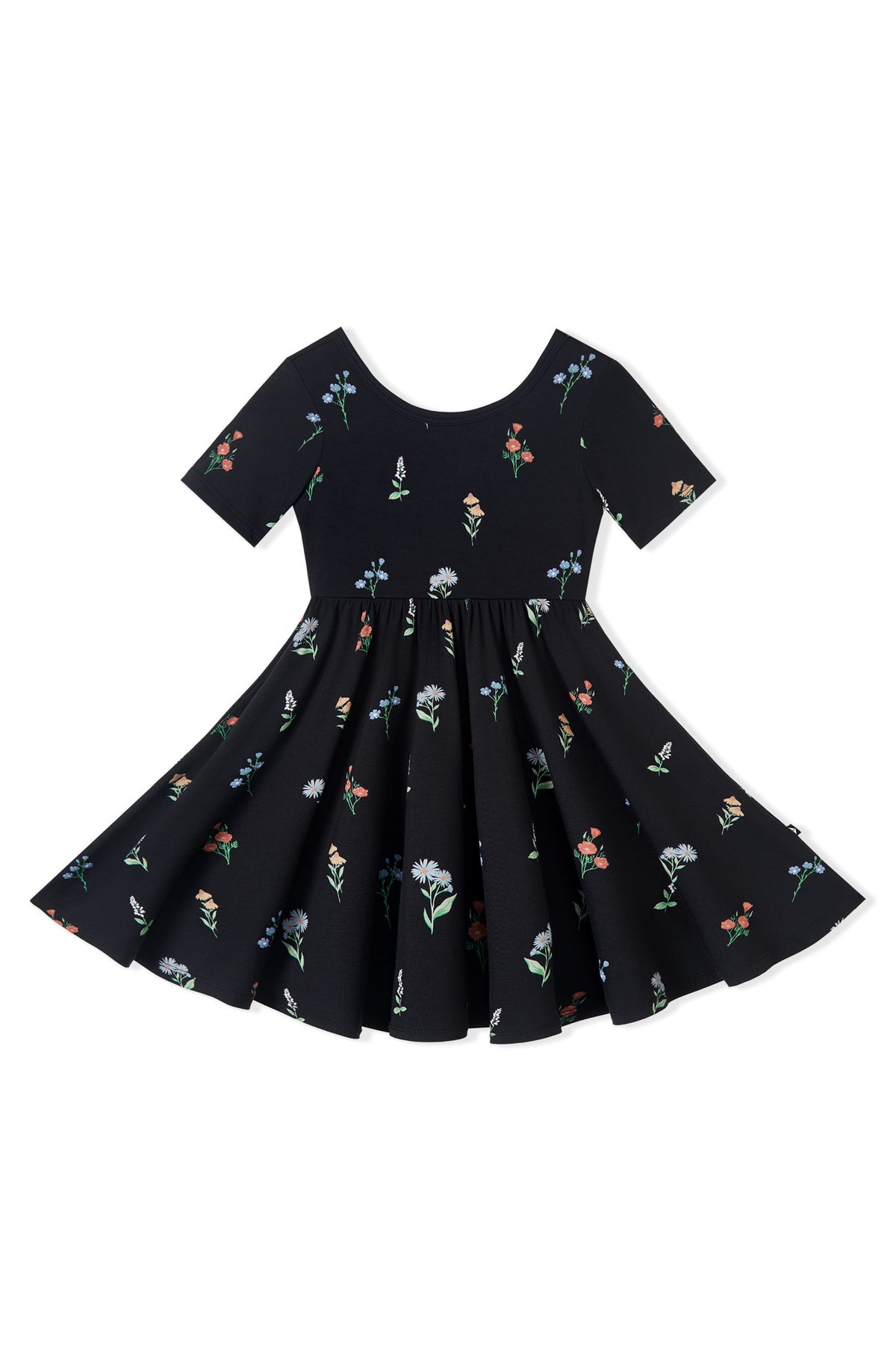 Black Twirl Dress in Wildflower print on a white background