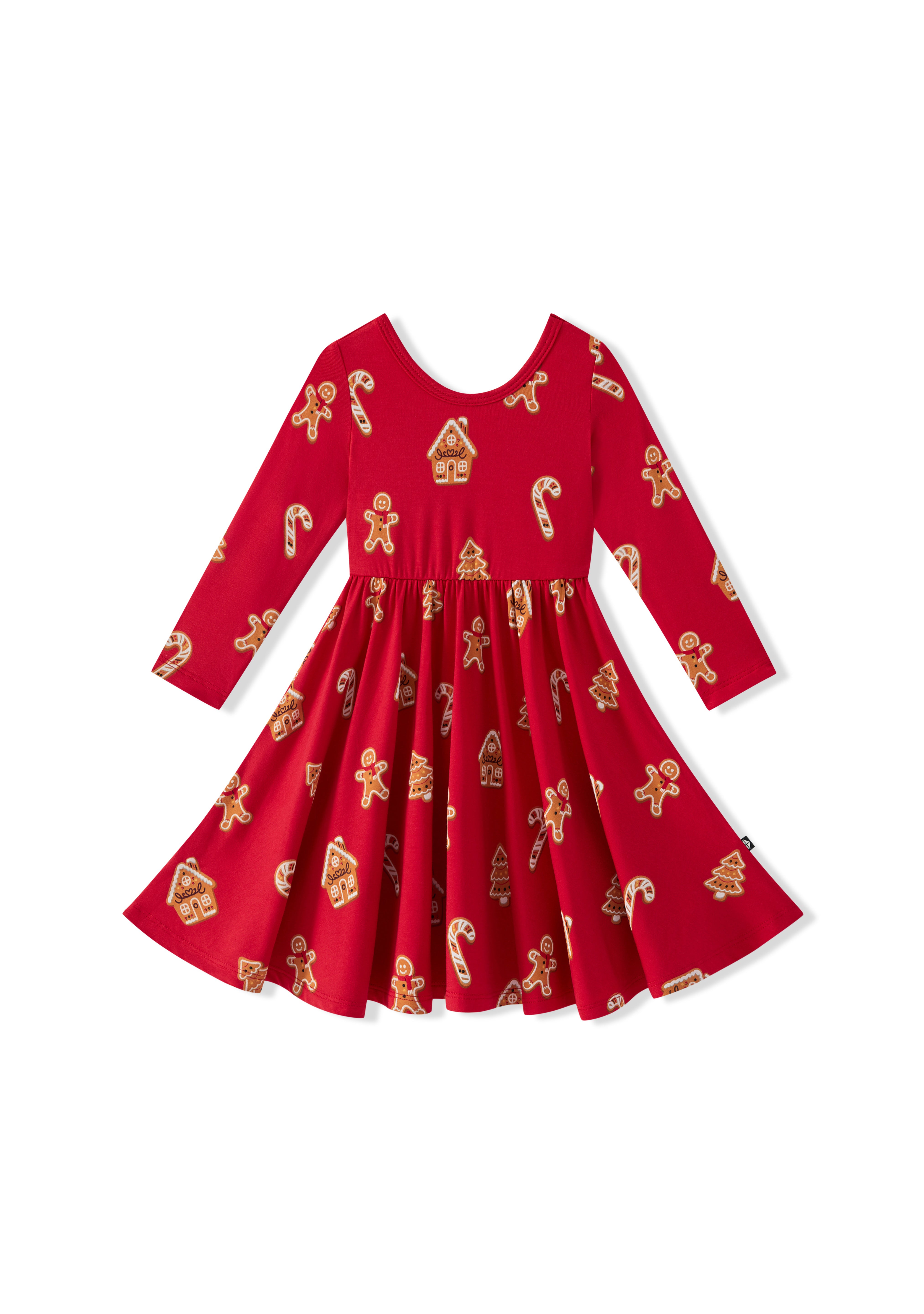 Long Sleeve Twirl Dress in Gingerbread print on a white background