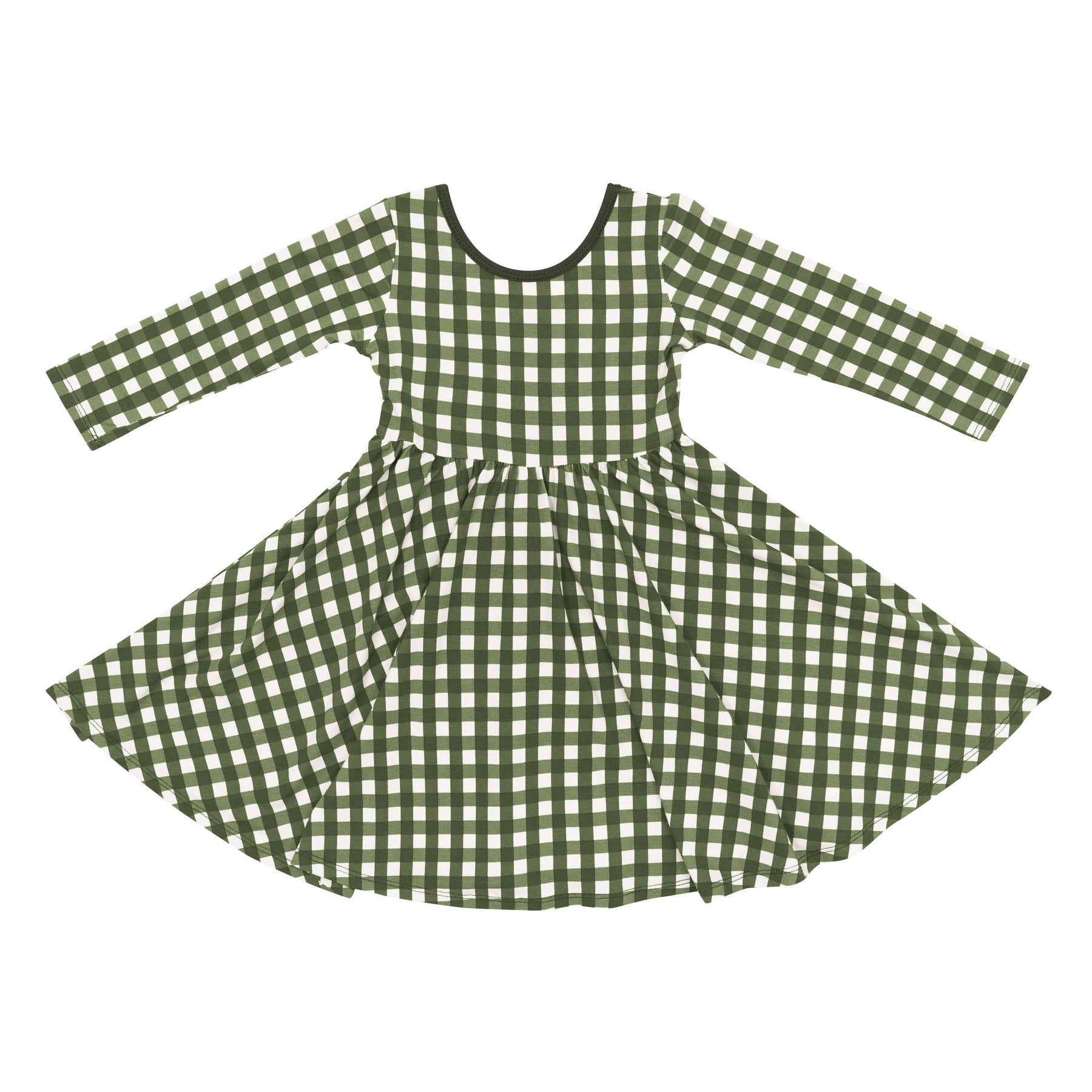 Product photo of the Long Sleeve Twirl Dress in Gingham Fir