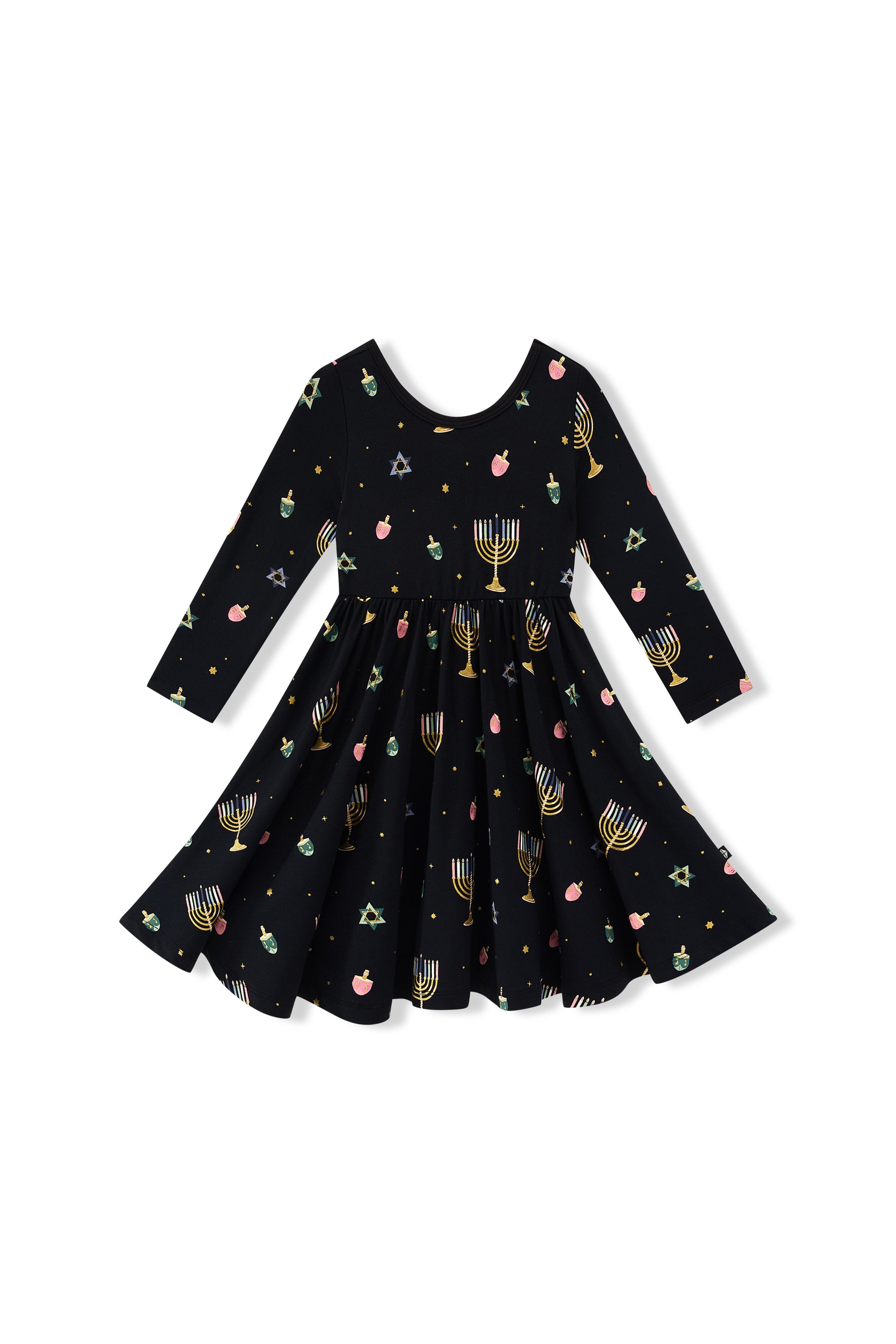 Black Long Sleeve Twirl Dress in Hanukkah Nights print on a white background