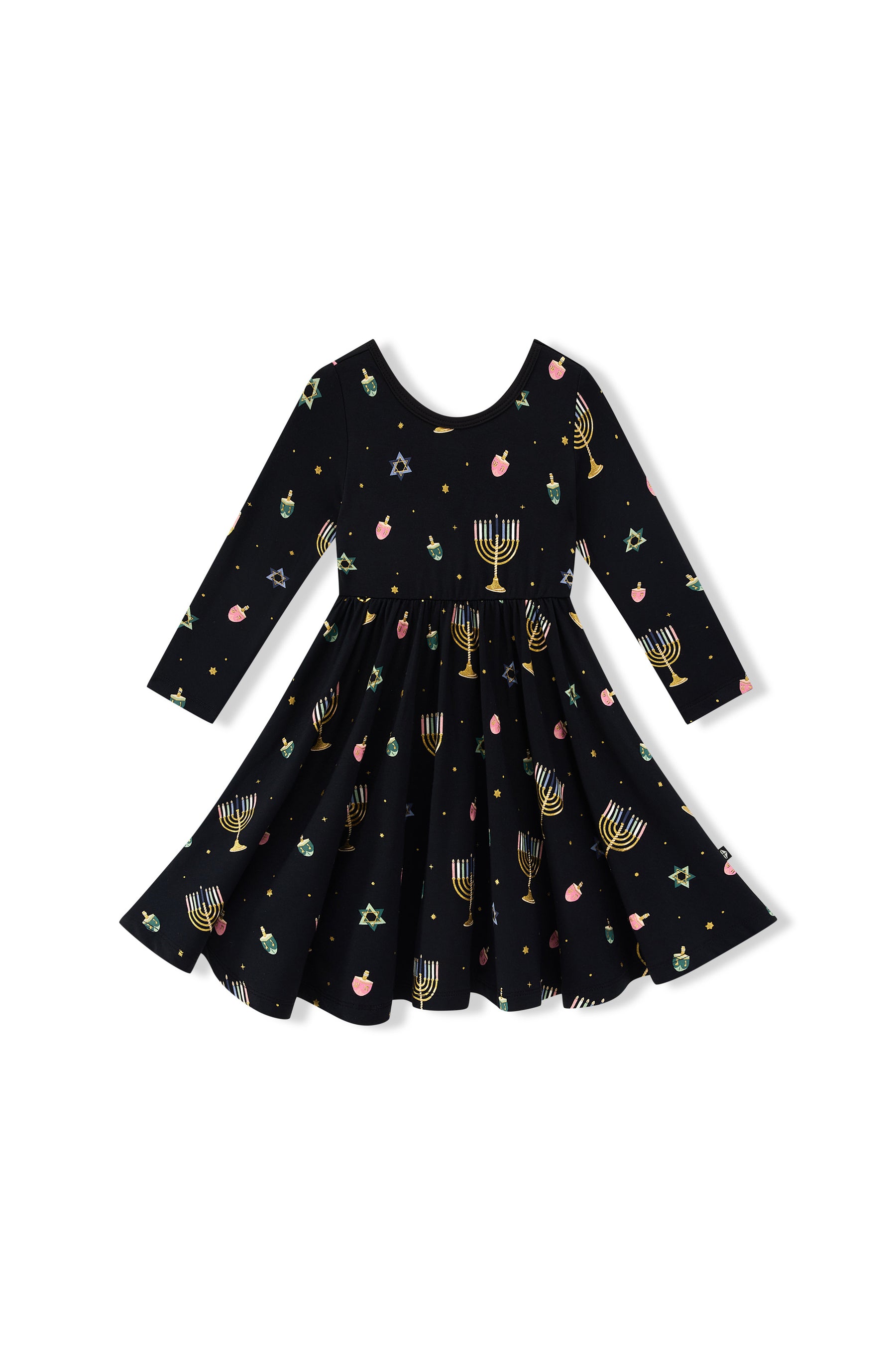 Black Long Sleeve Twirl Dress in Hanukkah Nights print on a white background