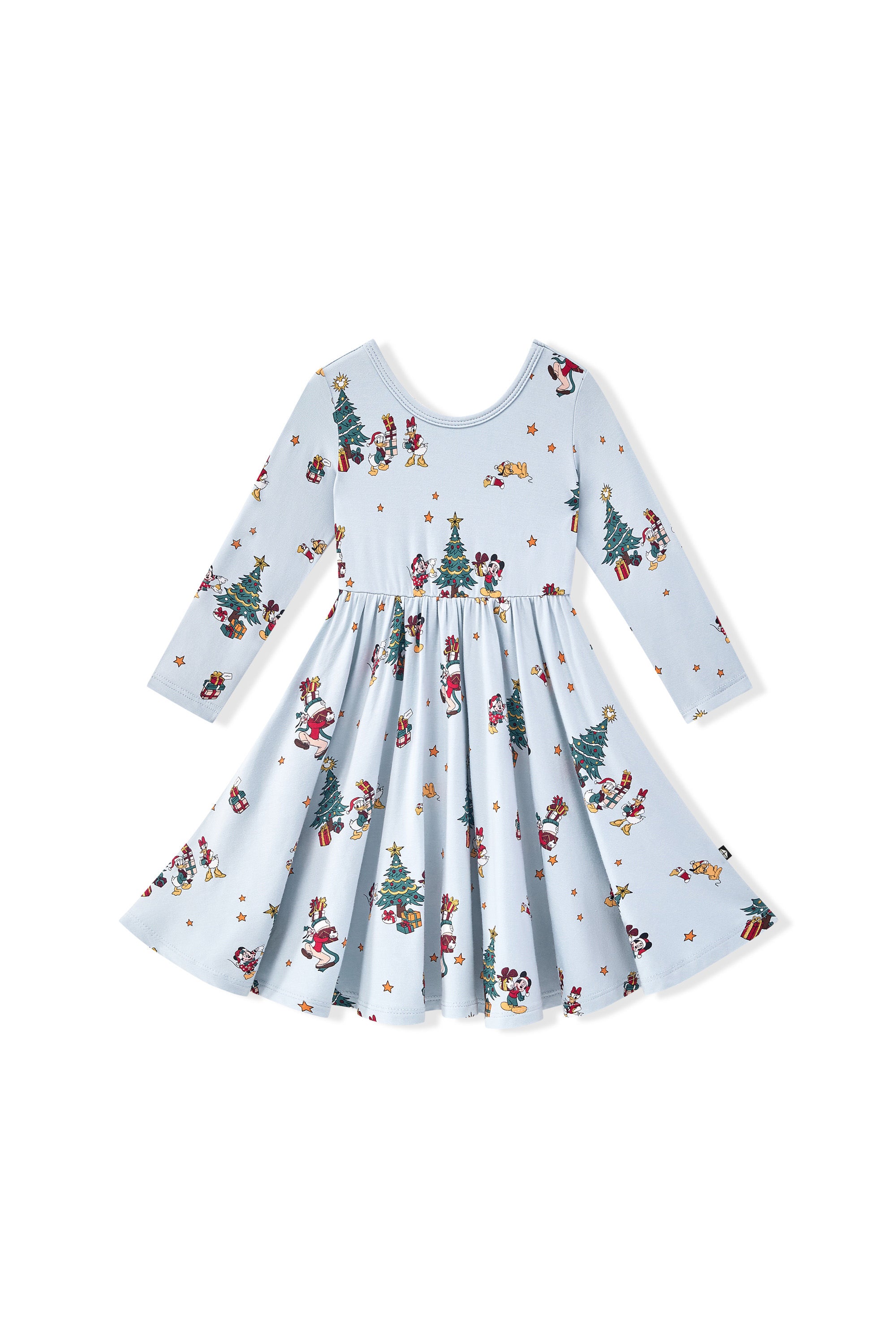 Long Sleeve Twirl Dress in Mickey & Friends Christmas print on a white background