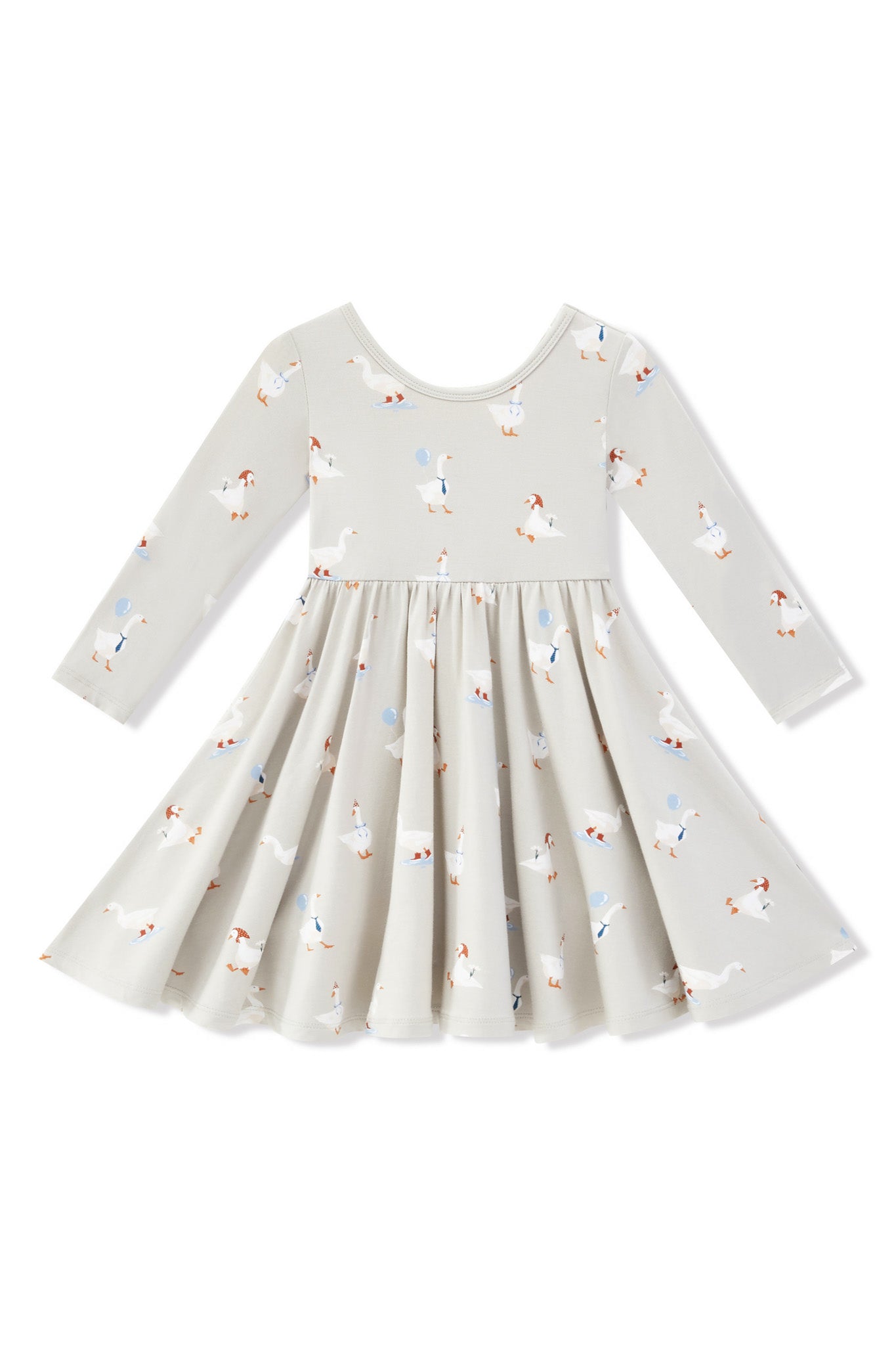 Long Sleeve Twirl Dress in Oat Silly Goose print on a white background