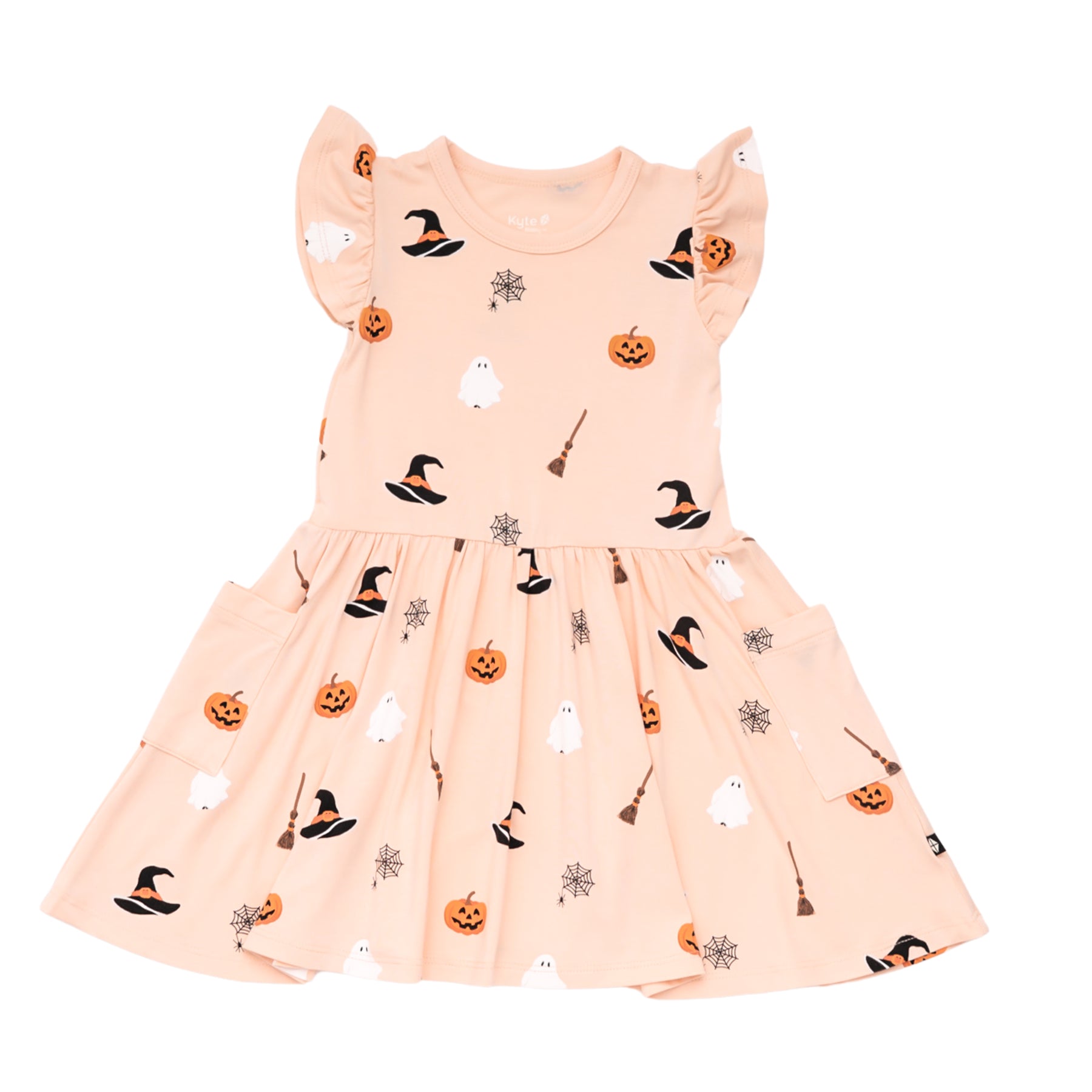 Children's dress with Halloween-themed pattern on a white background with ruffle sleeve design and pockets