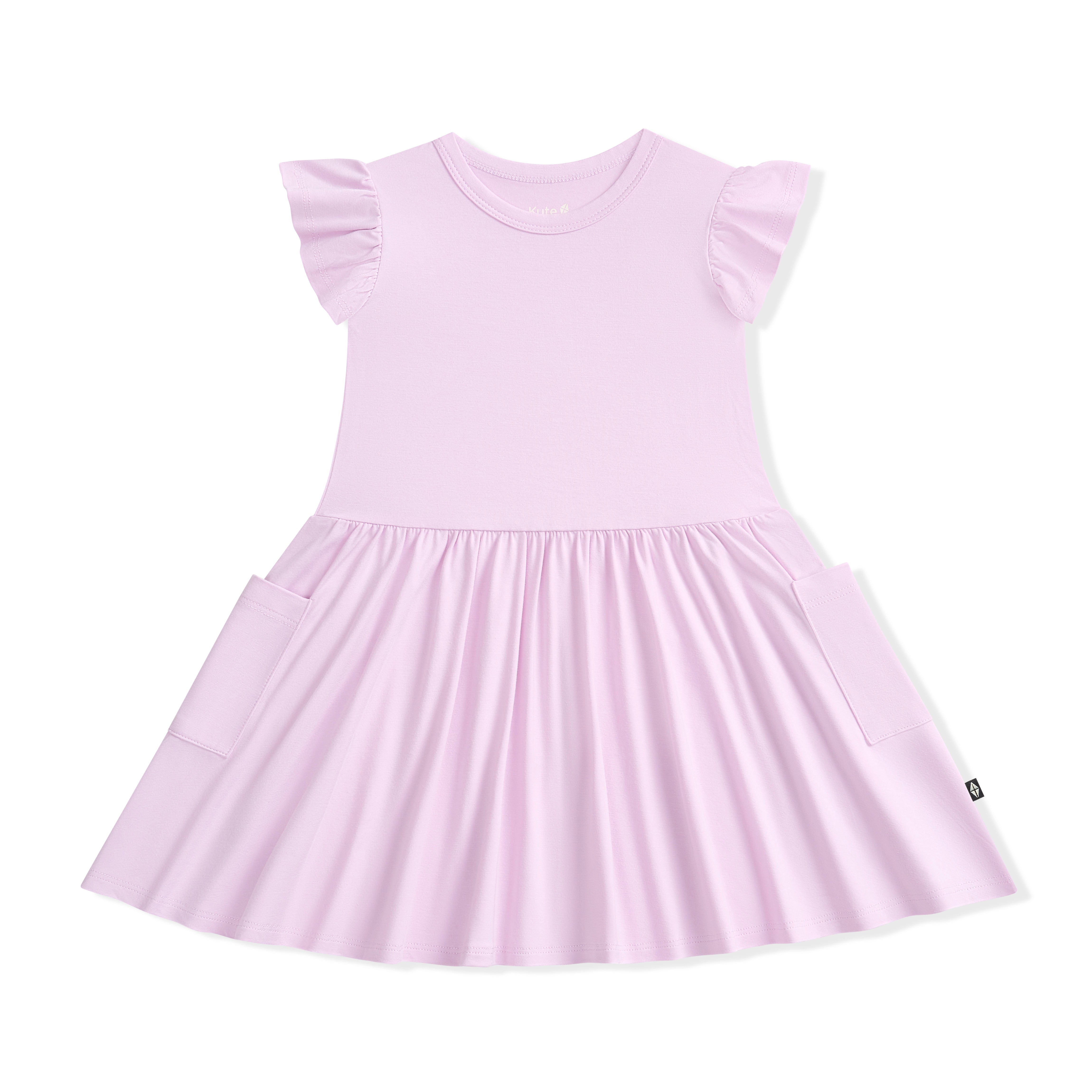 Lavender dress with ruffled sleeves on a white background