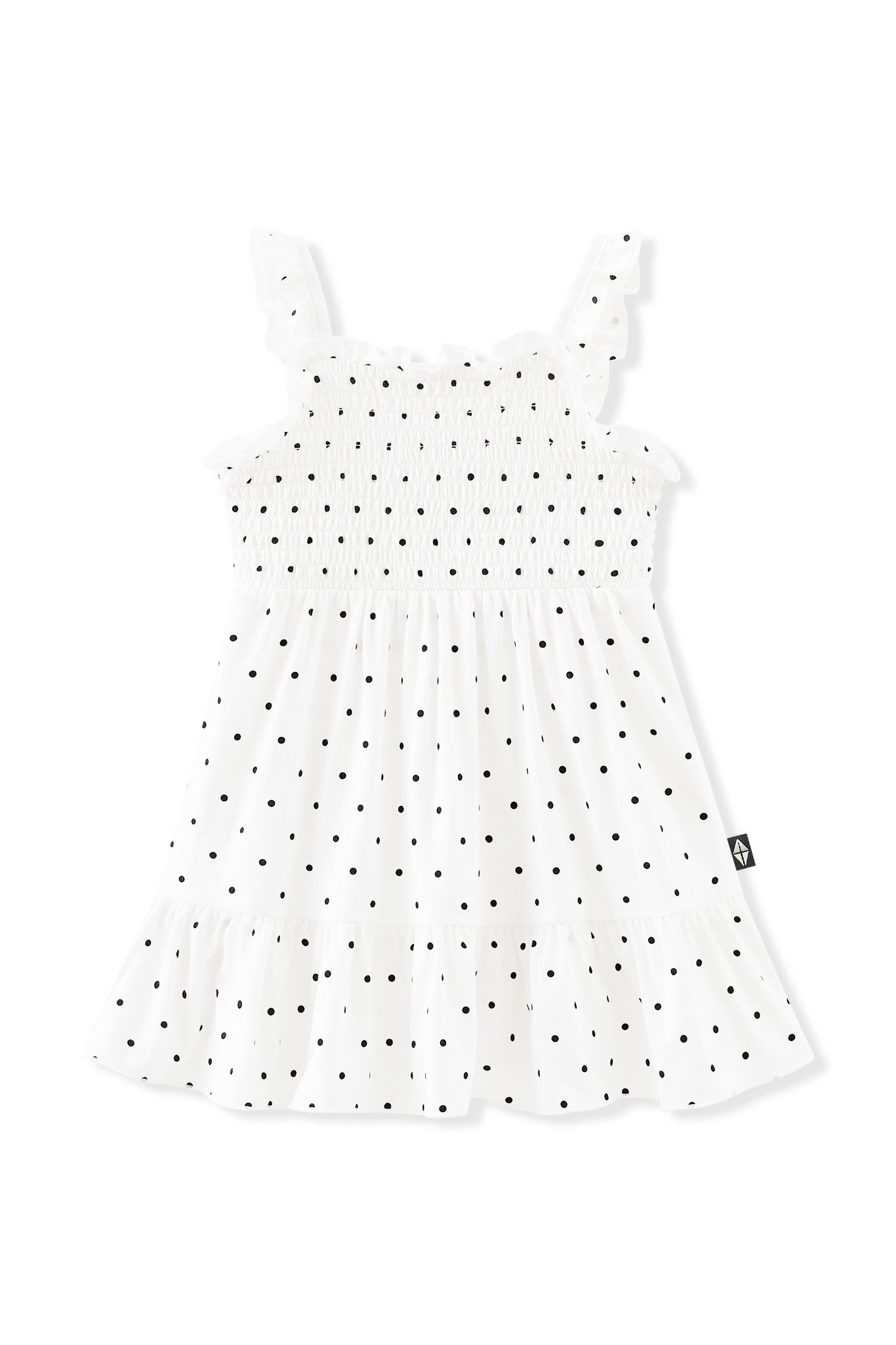 Smocked Dress in Midnight Polka Dot on white background