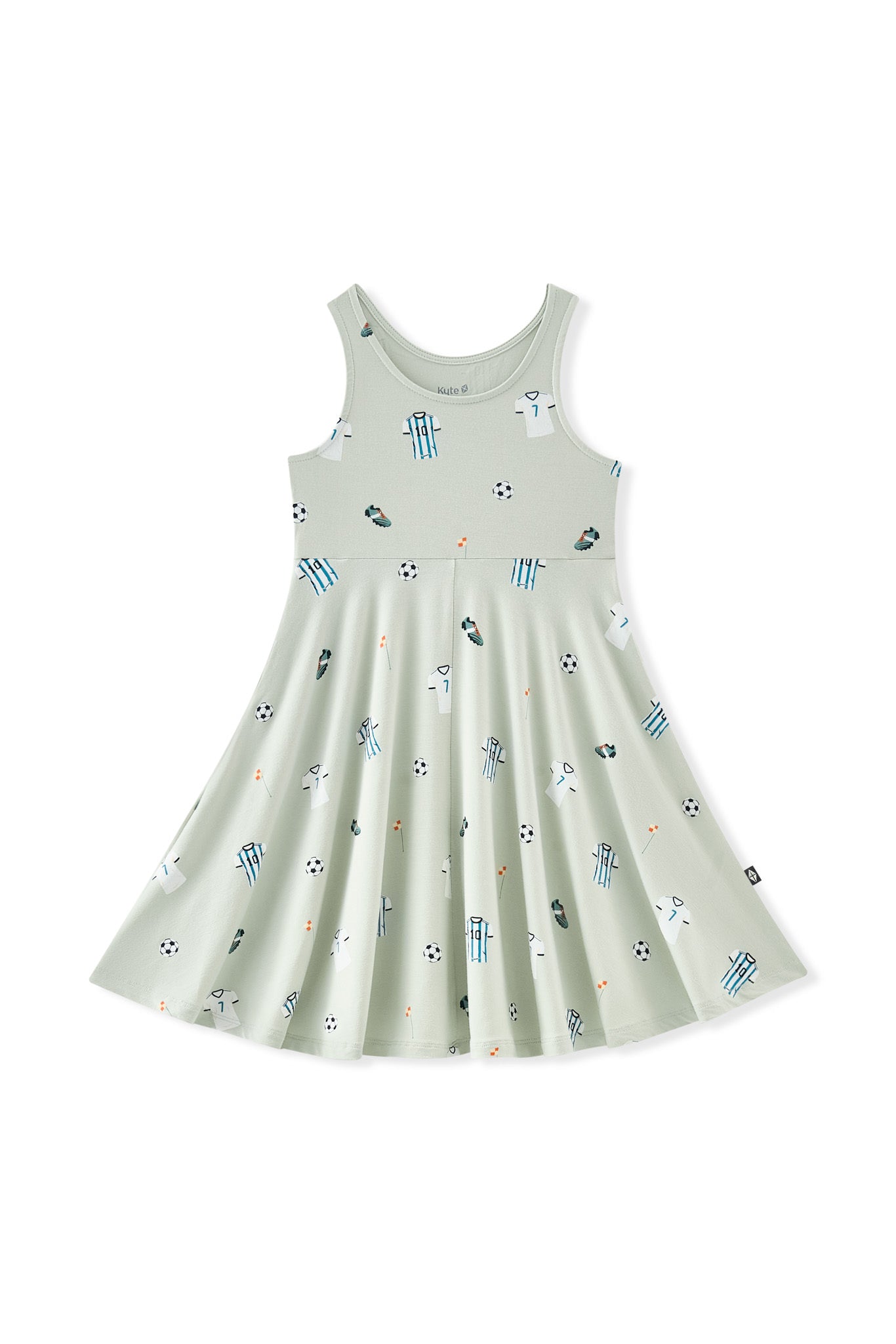 Tank Twirl Dress in Soccer print on white background