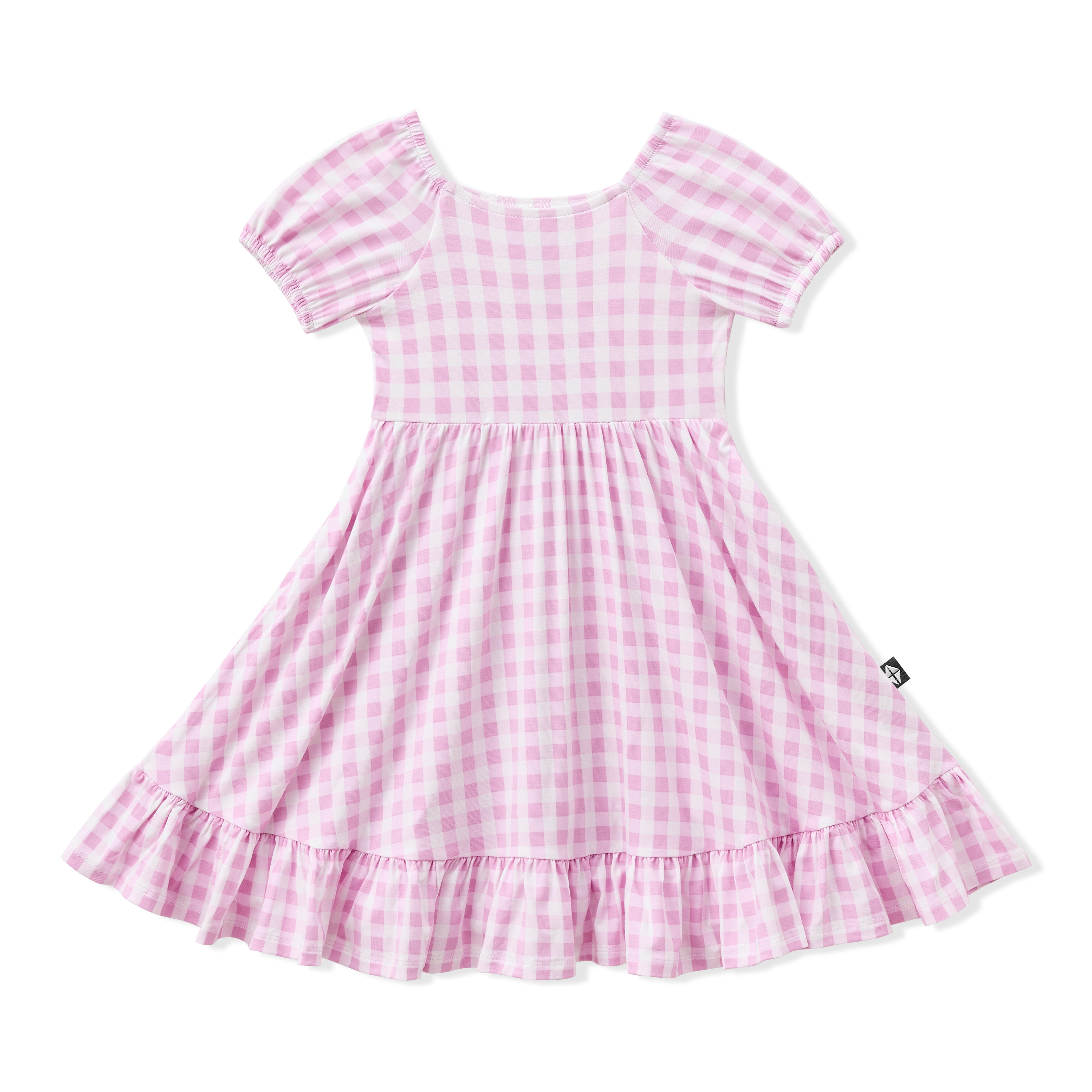 Product photo of the Puff Sleeve Twirl Dress in Gingham Thistle on a white surface