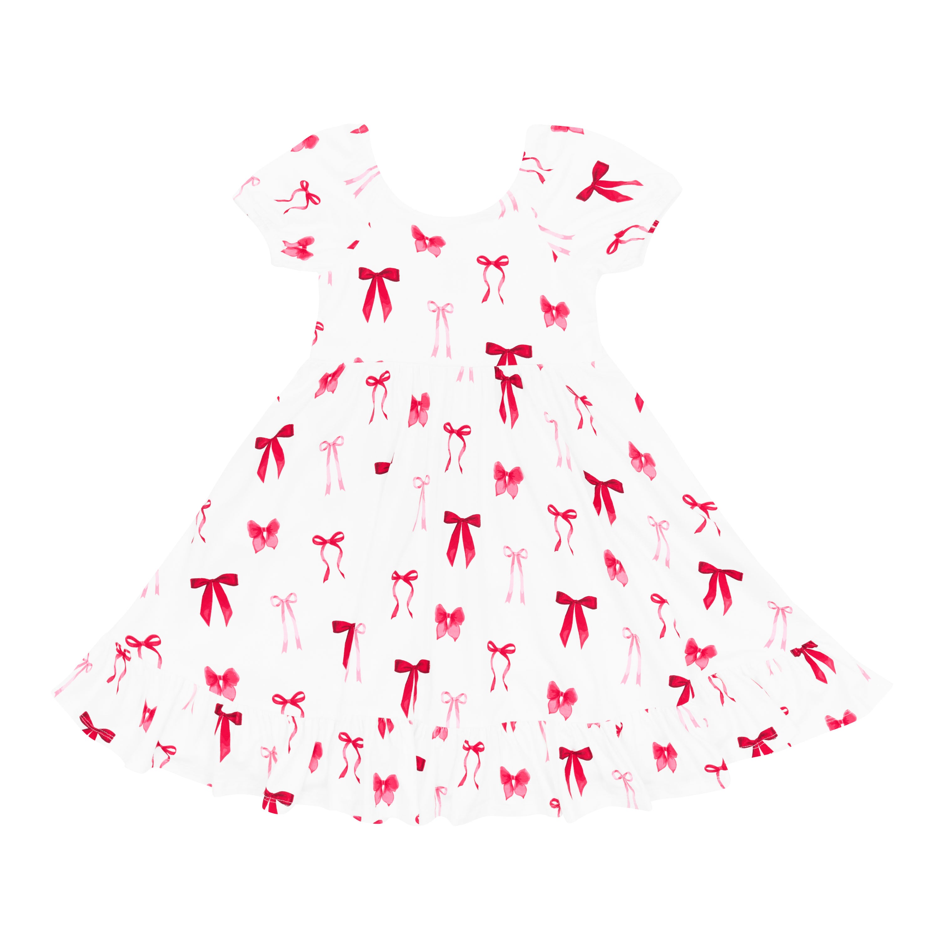 Product photo of the soft and breathable Puff Sleeve Twirl Dress in Small Love Bow