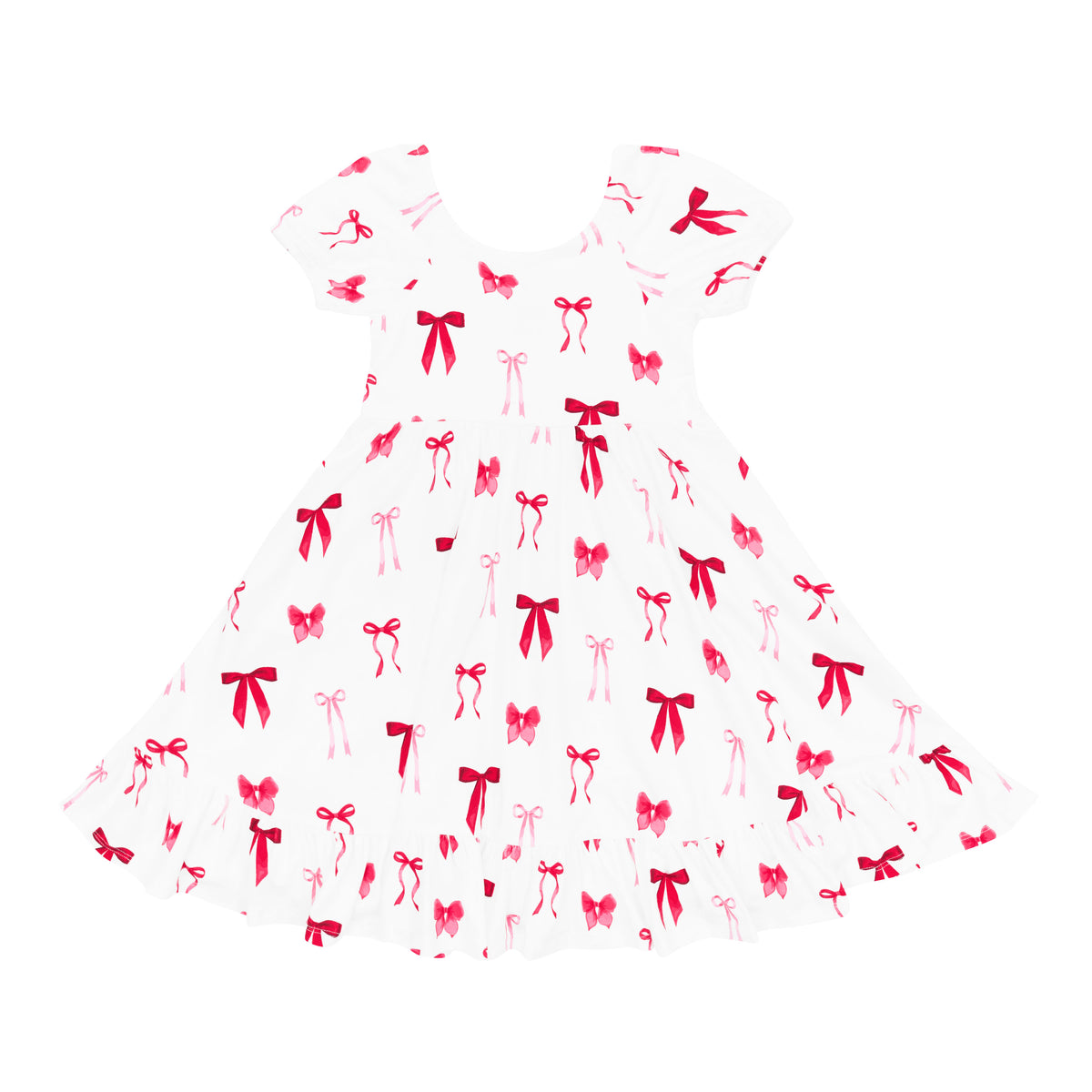 Product photo of the soft and breathable Puff Sleeve Twirl Dress in Small Love Bow