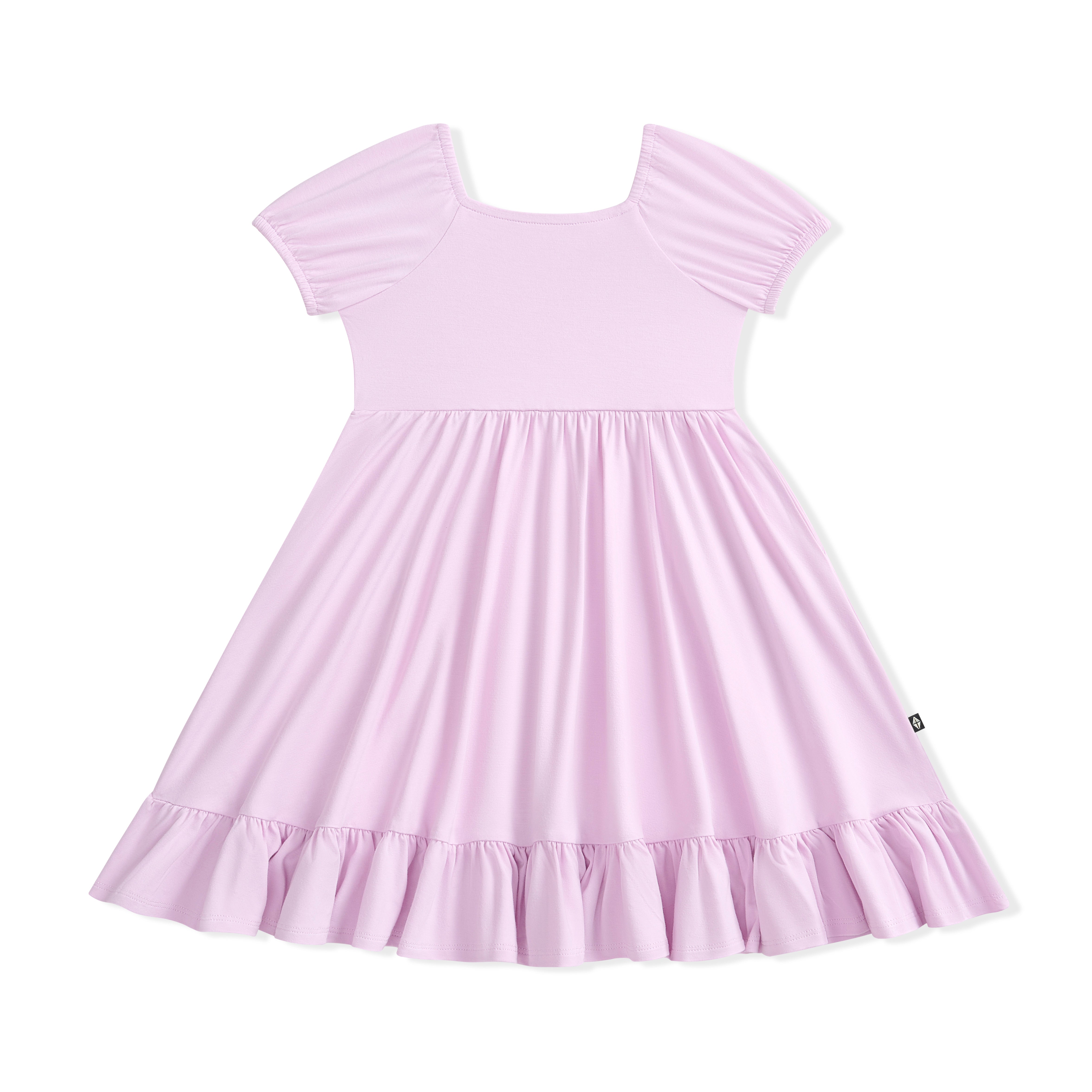 Lavender dress with ruffled sleeves and hem on a white background