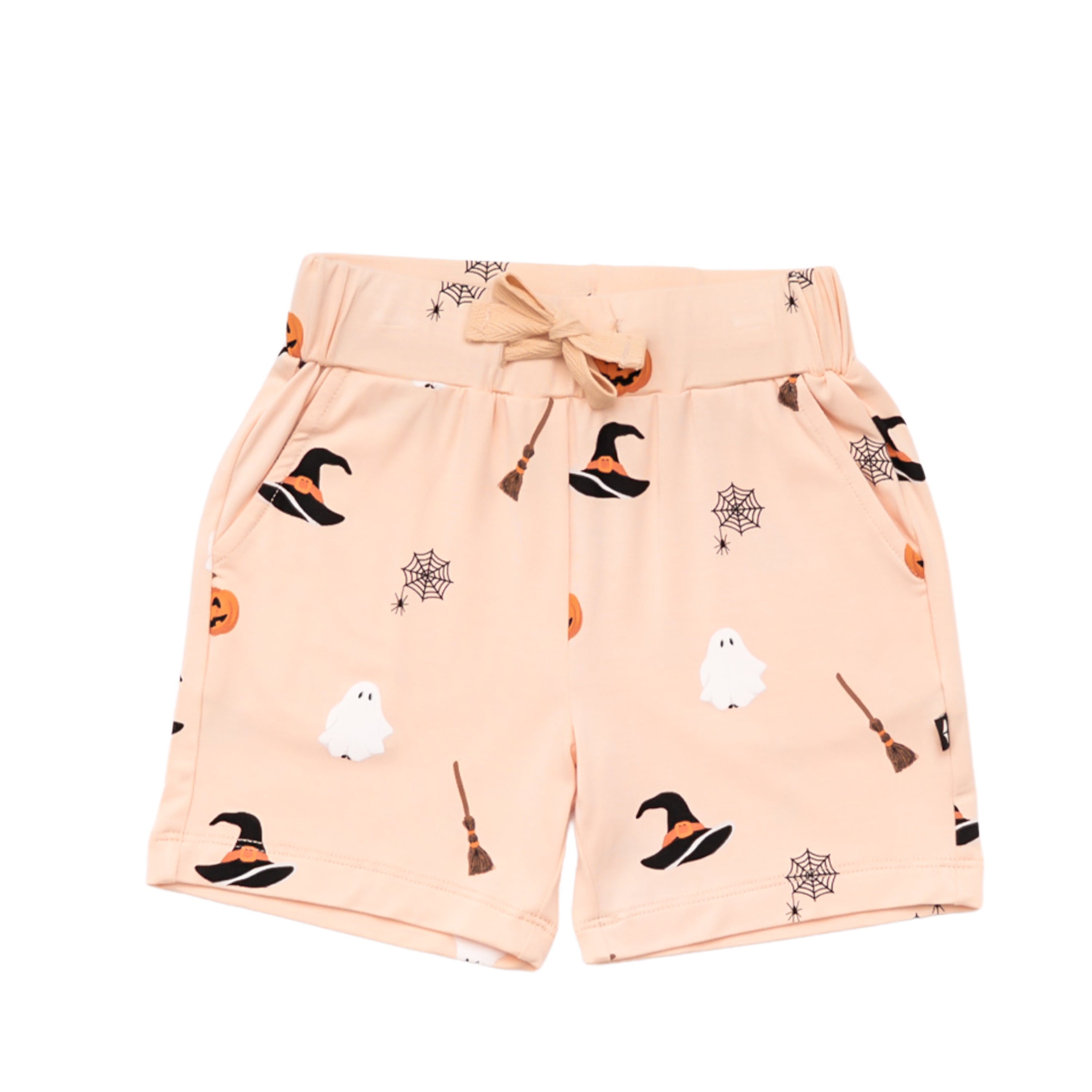Peach shorts with Halloween patterns that have a drawstring on a white background 