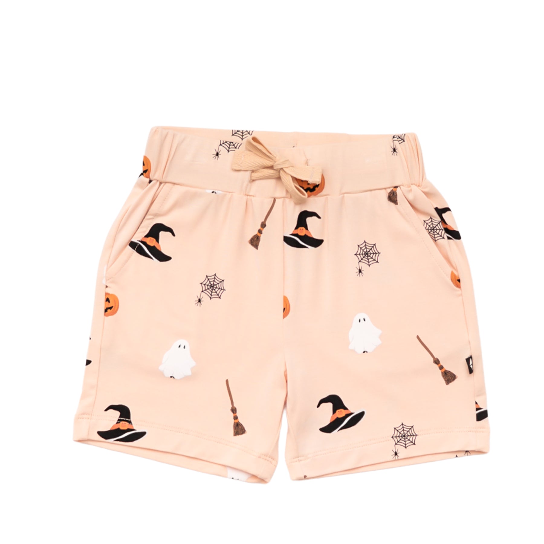 Peach shorts with Halloween patterns that have a drawstring on a white background 