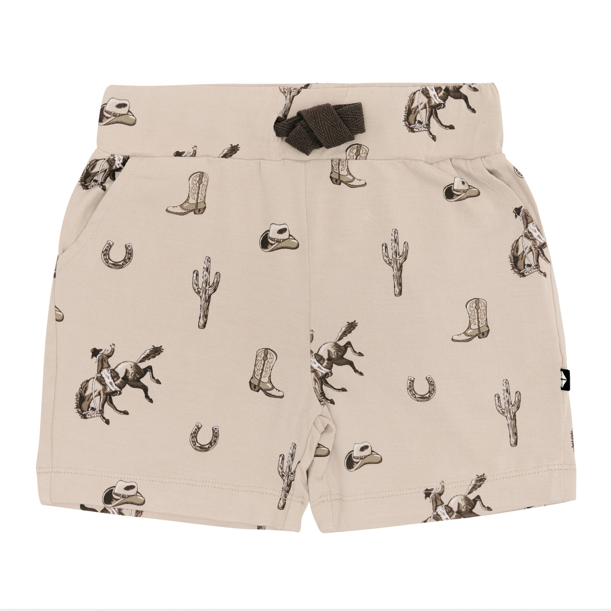 Product photo of the Drawstring Short in Classic Cowboy showing the dark brown drawstring tie