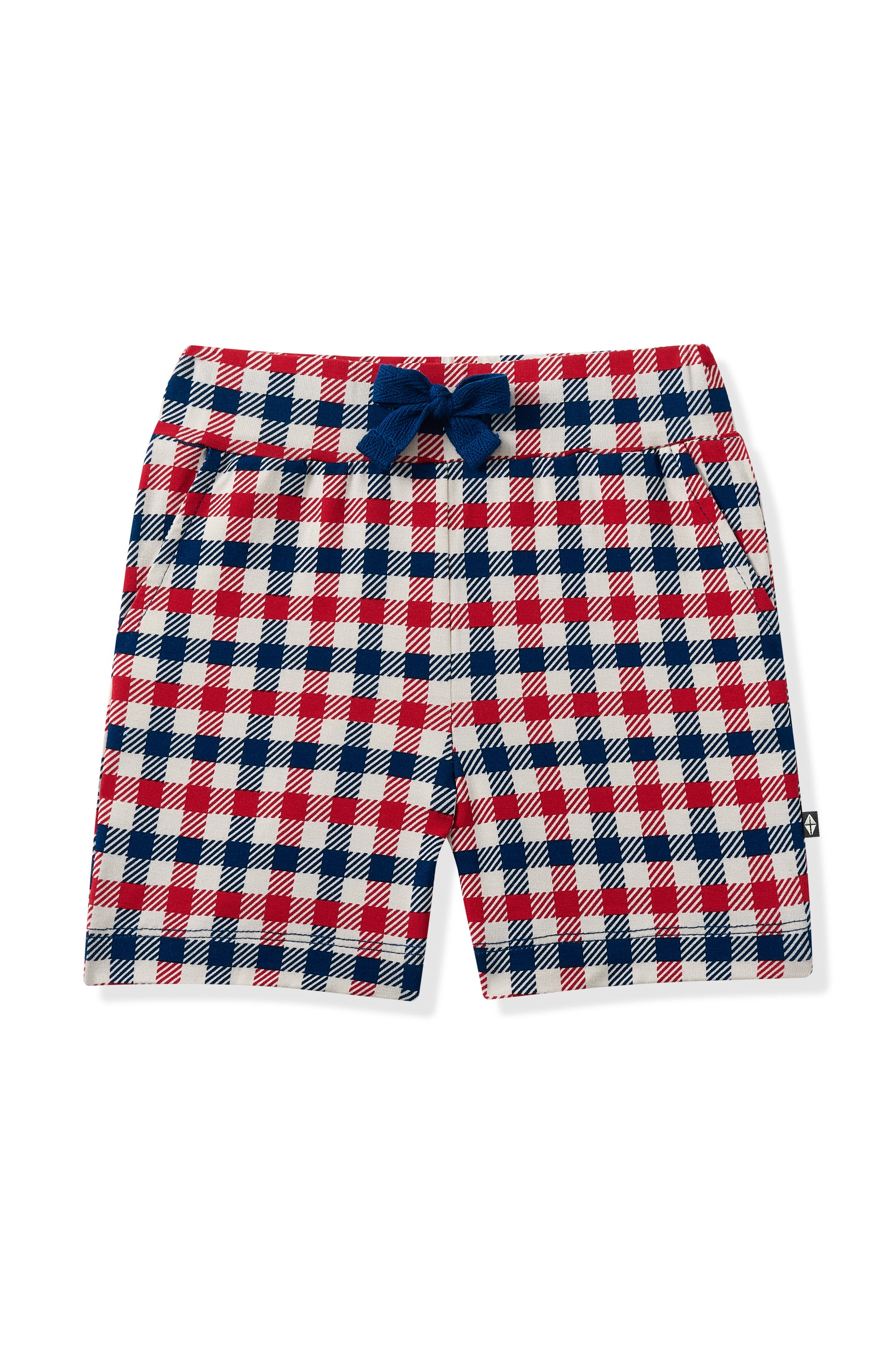 Drawstring Short with red blue and white Patriotic Gingham check print
on a white background