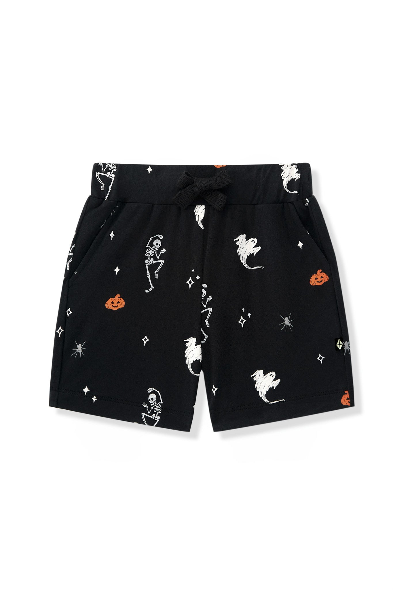Black Drawstring Short in Halloween Friends print on a white background
