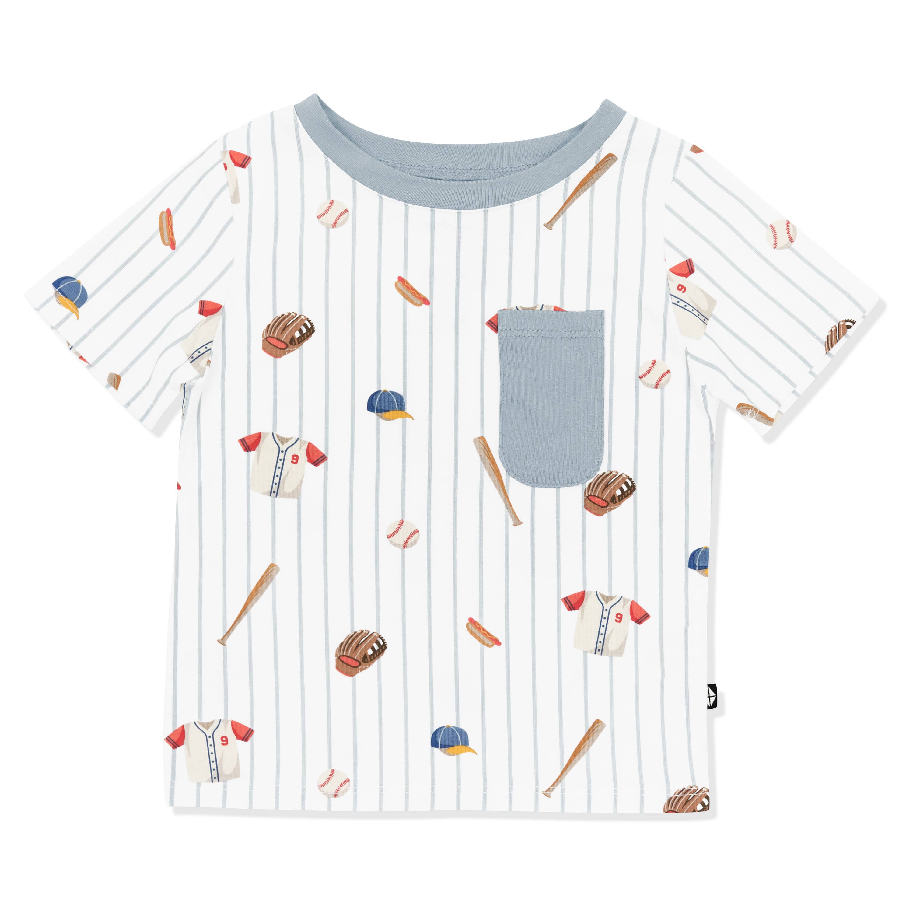 Toddler Crew Neck Tee in Home Run with the muted blue pocket and neck trim shown on a white surface