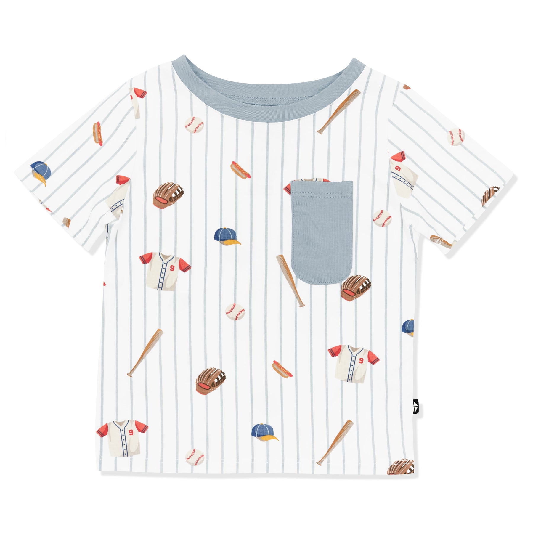 Toddler Crew Neck Tee in Home Run with the muted blue pocket and neck trim shown on a white surface