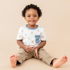 Boy sitting wearing Toddler Crew Neck Tee in Teddy Bear