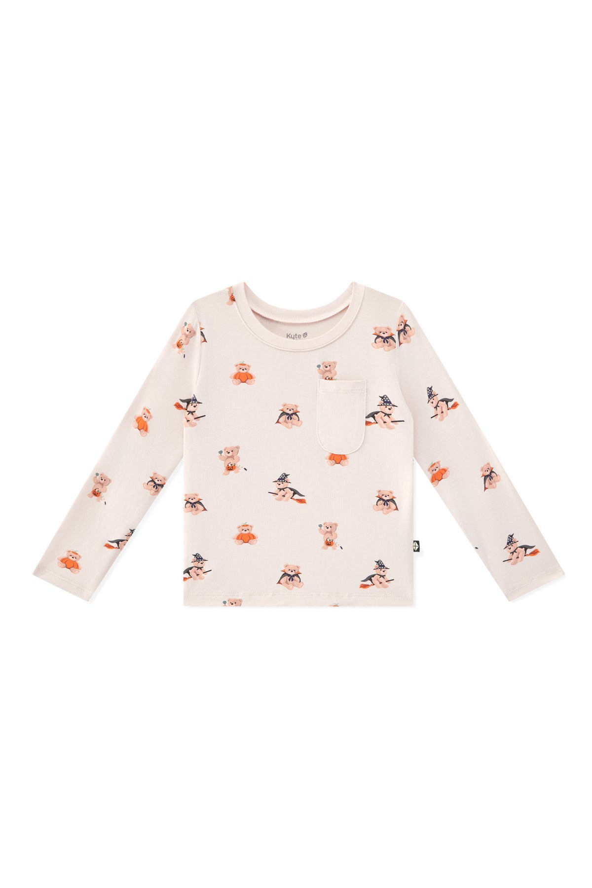 Beige Long Sleeve Toddler Crew Neck Tee in Halloween Teddy print on a white background