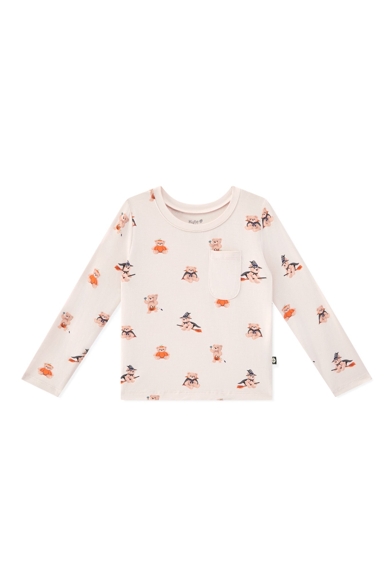 Beige Long Sleeve Toddler Crew Neck Tee in Halloween Teddy print on a white background