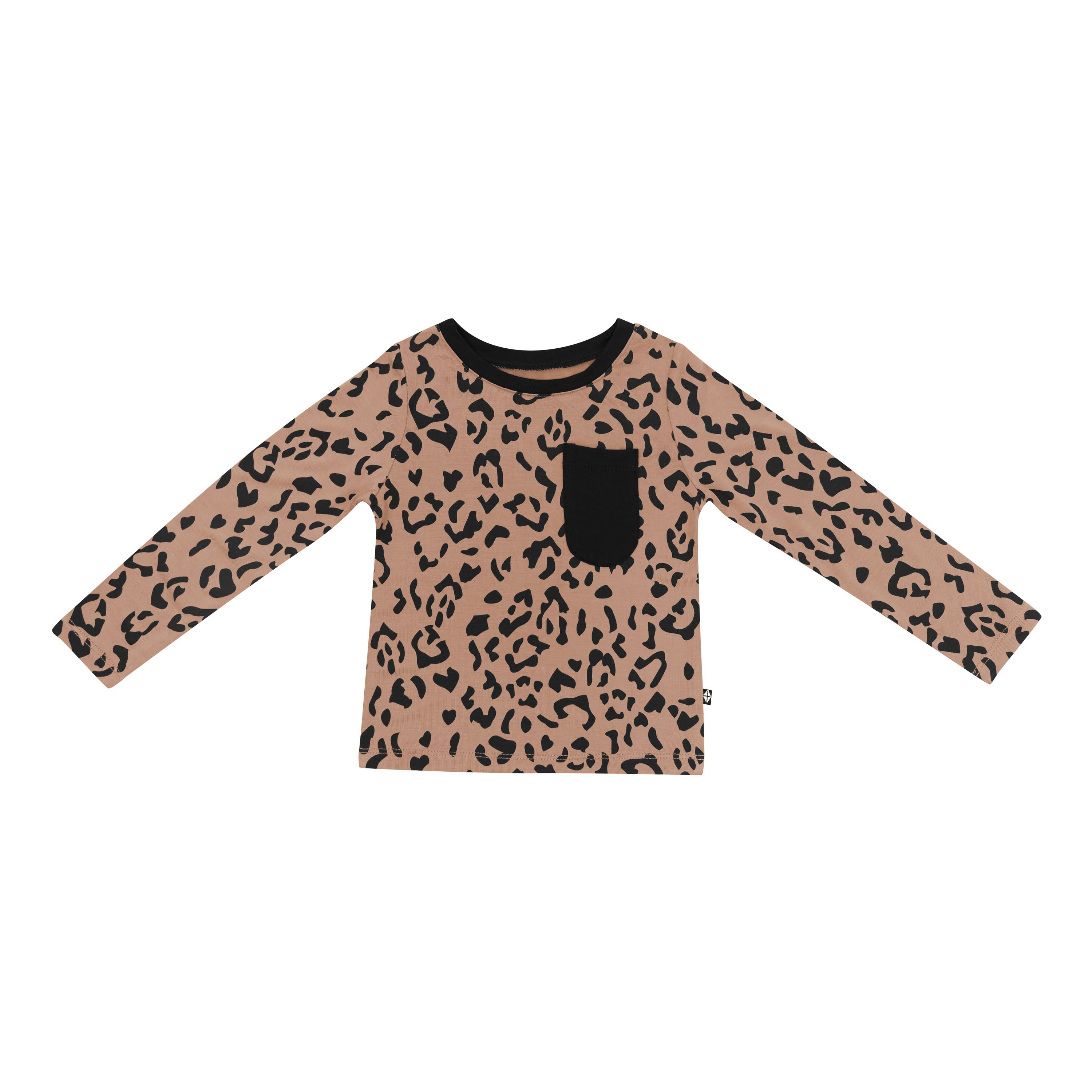 Product photo of the Long Sleeve Toddler Crew Neck Tee in Latte Leopard showing the Midnight Pocket detail